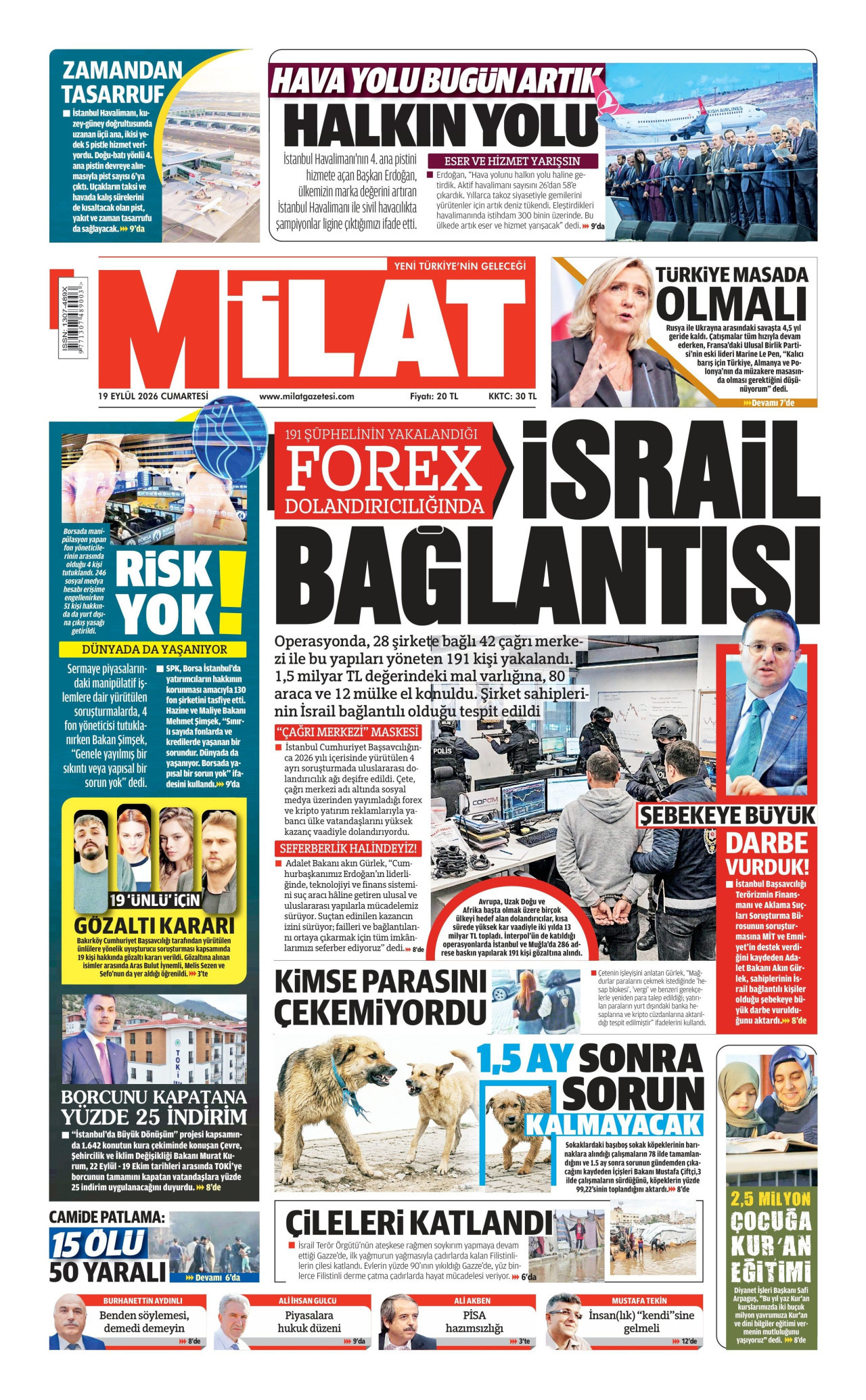 MİLAT gazetesinin 19 Eylül 2026 tarihli birinci sayfası