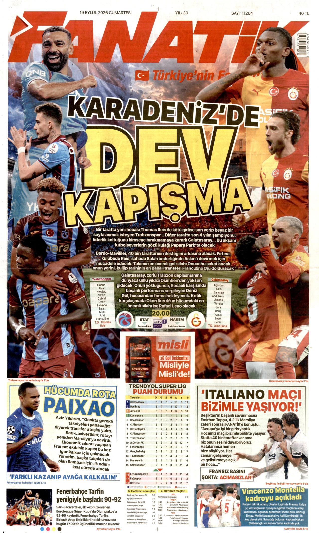FANATİK gazetesinin 19 Eylül 2026 tarihli birinci sayfası