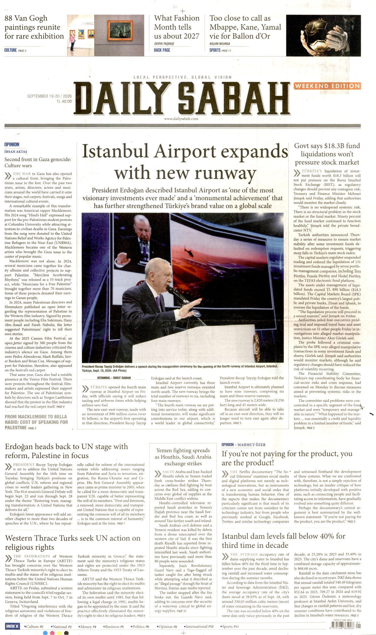 DAİLY SABAH gazetesinin 19 Eylül 2026 tarihli birinci sayfası