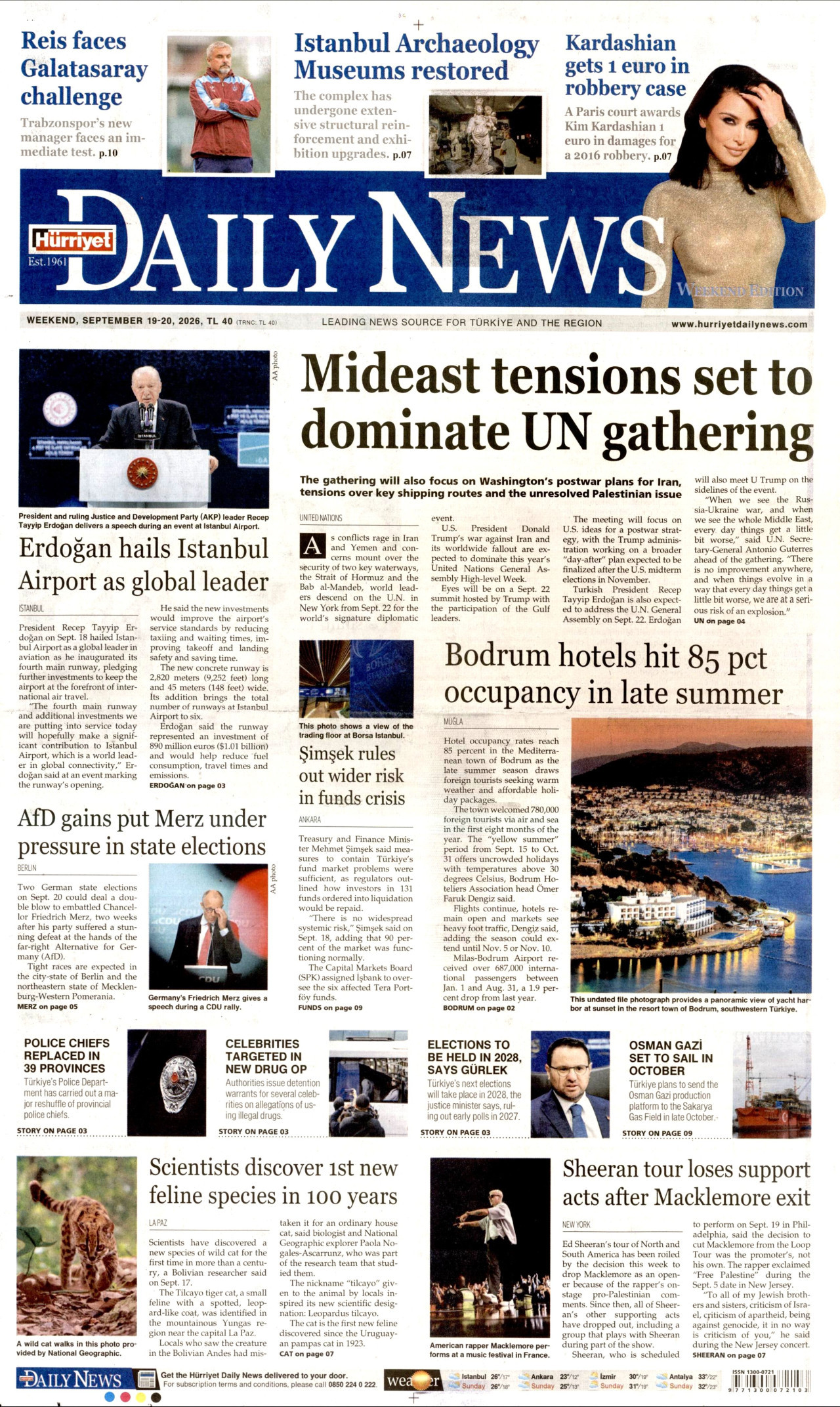 HÜRRİYET DAİLY NEWS gazetesinin 19 Eylül 2026 tarihli birinci sayfası
