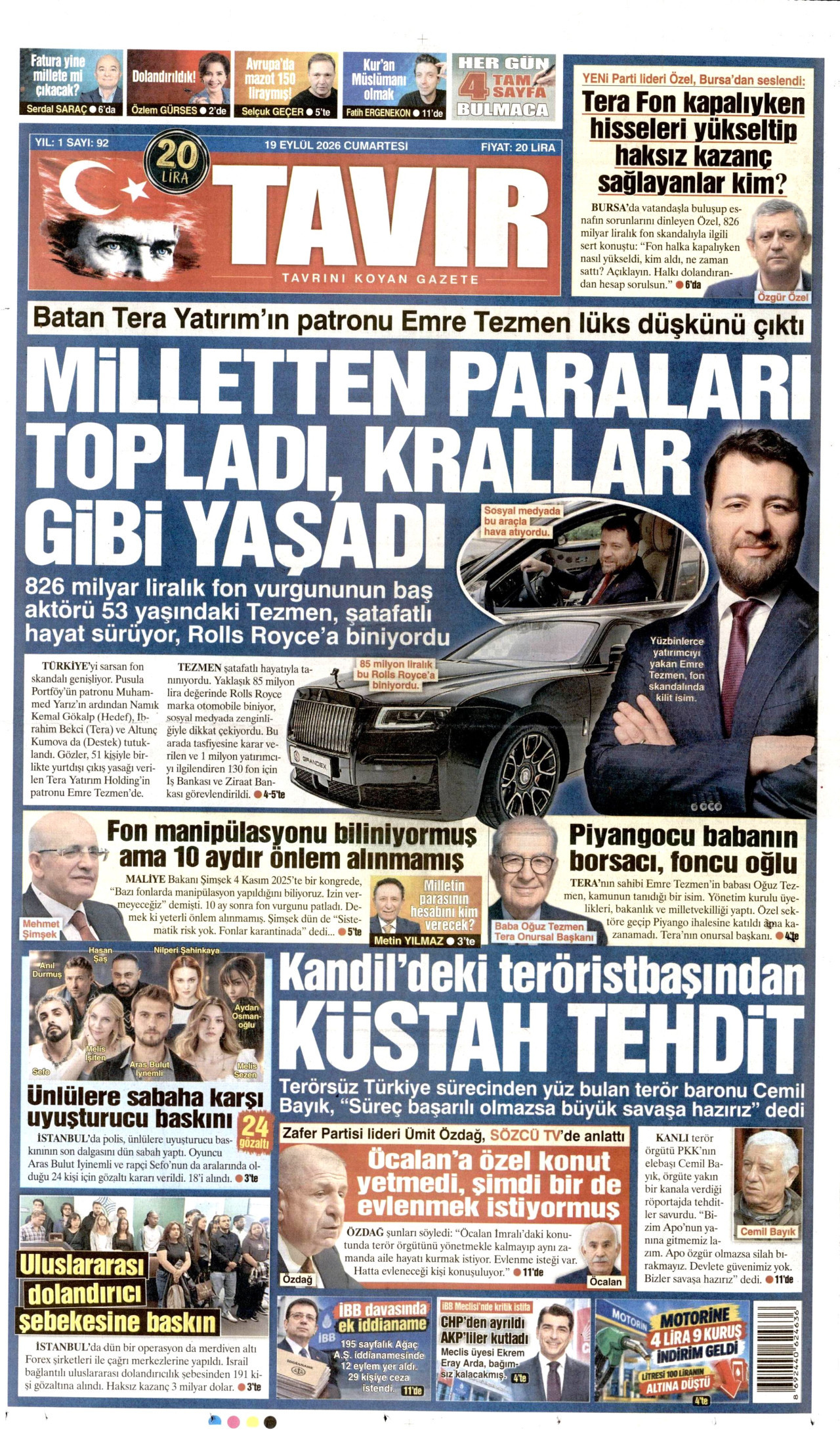 TAVIR GAZETESİ gazetesinin 19 Eylül 2026 tarihli birinci sayfası