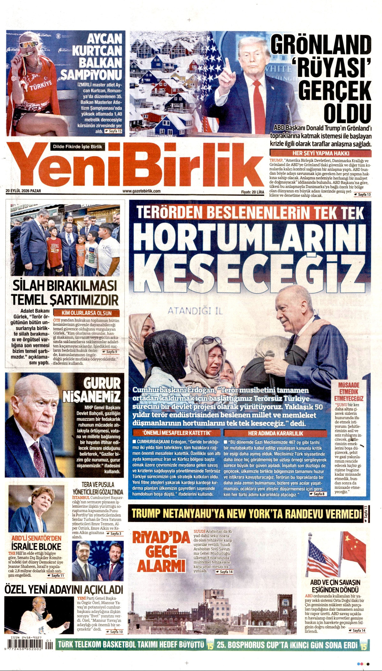YENİBİRLİK gazetesinin 20 Eylül 2026 tarihli birinci sayfası