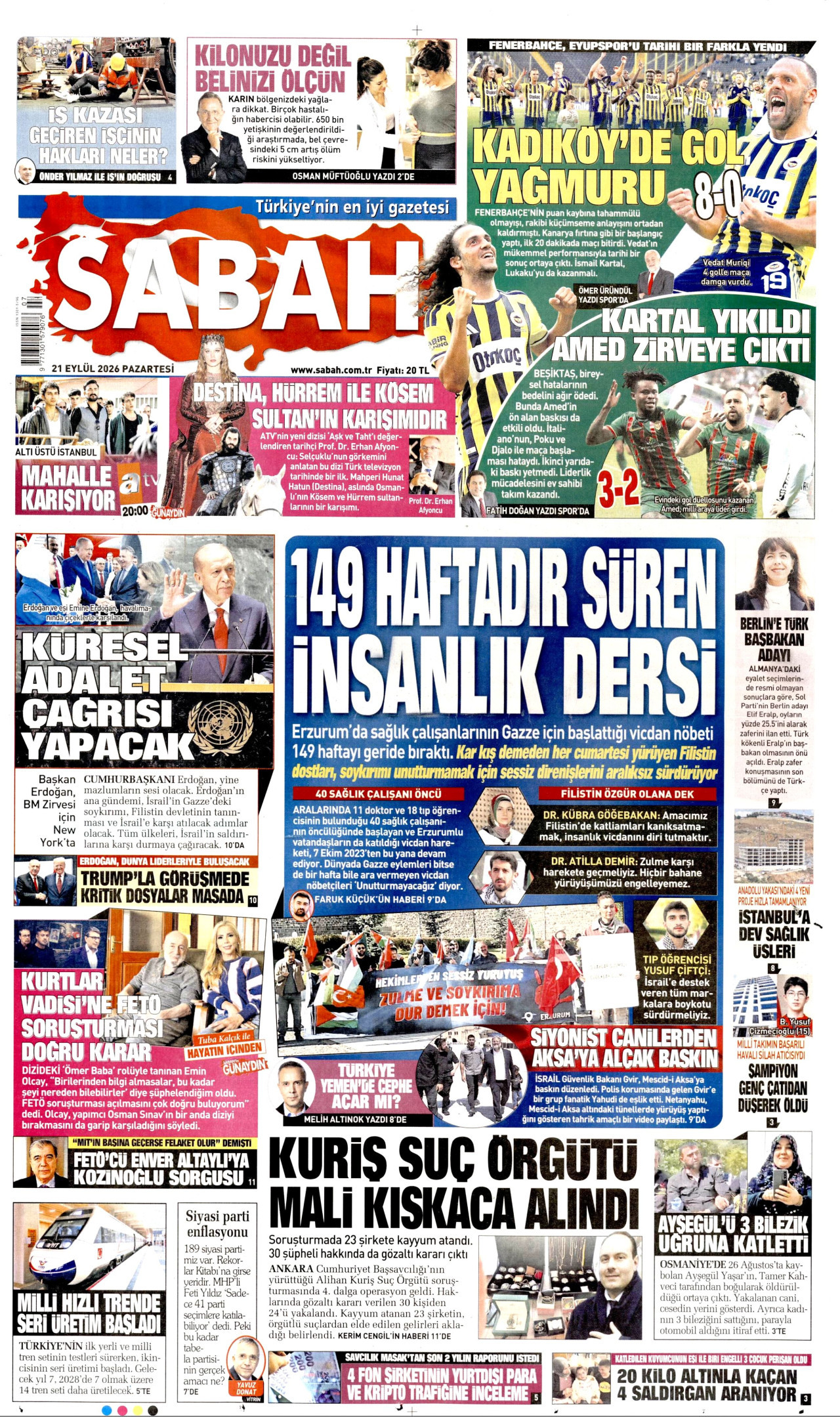 SABAH gazetesinin 21 Eylül 2026 tarihli birinci sayfası