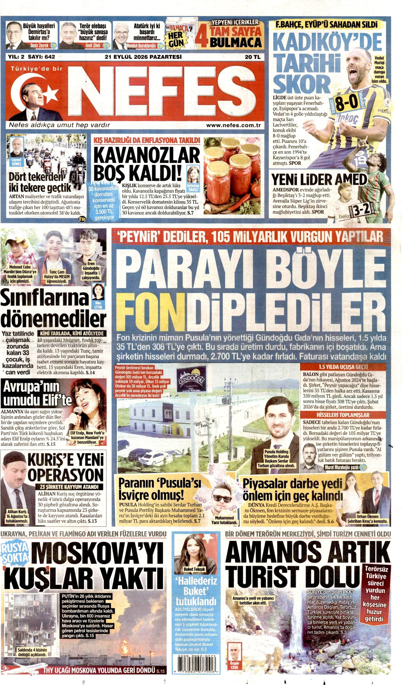 NEFES gazetesinin 21 Eylül 2026 tarihli birinci sayfası