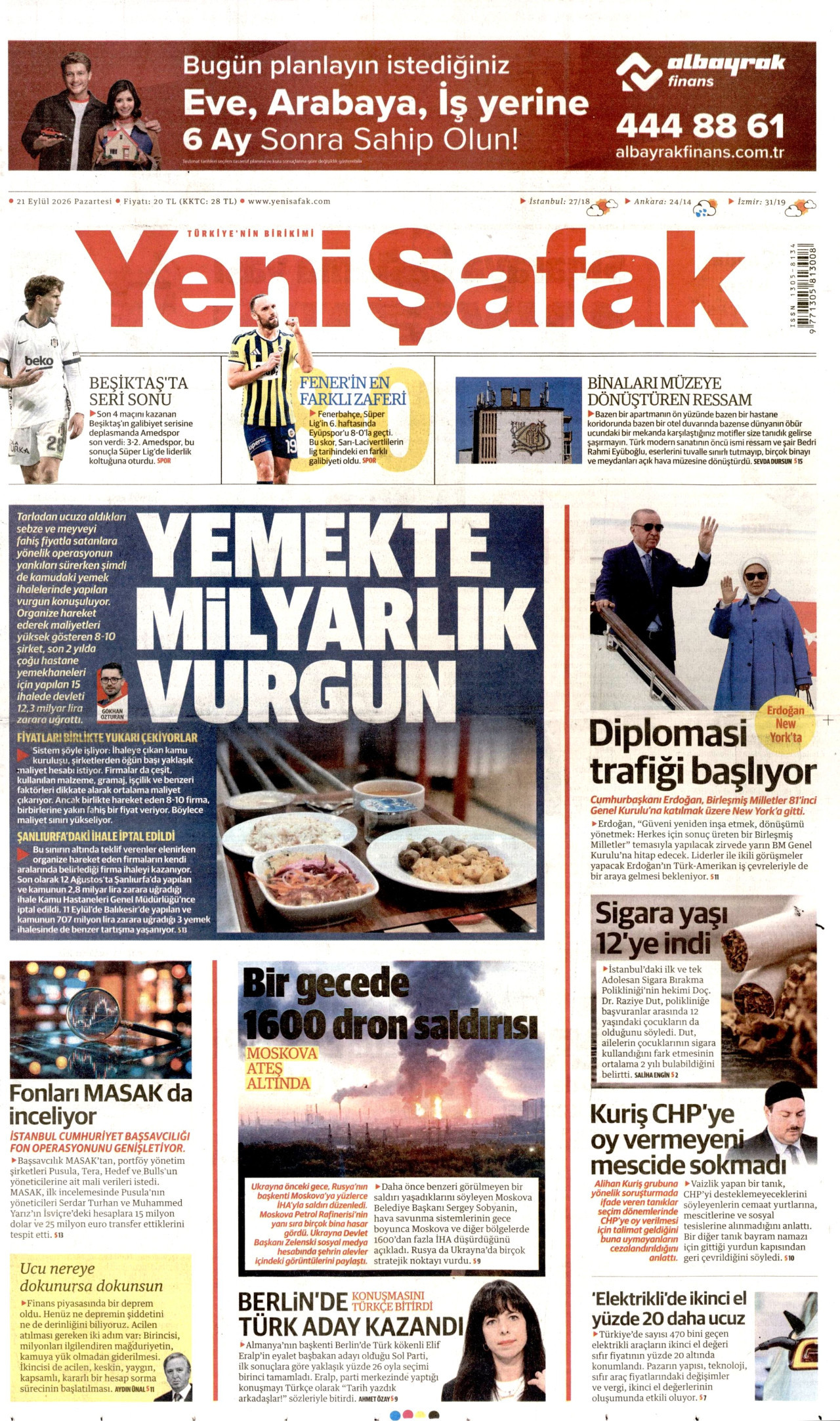 YENİ ŞAFAK gazetesinin 21 Eylül 2026 tarihli birinci sayfası