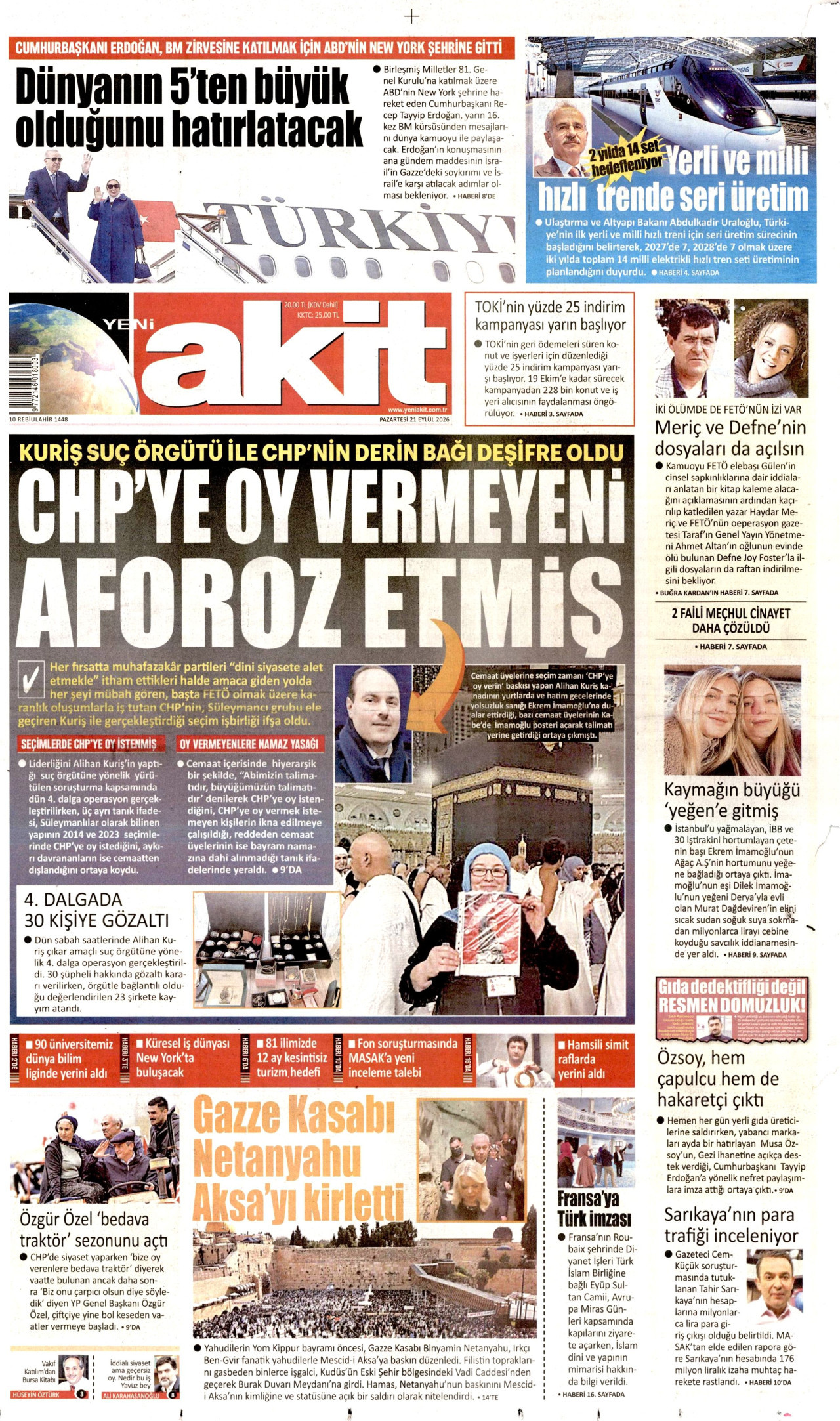 YENİ AKİT gazetesinin 21 Eylül 2026 tarihli birinci sayfası