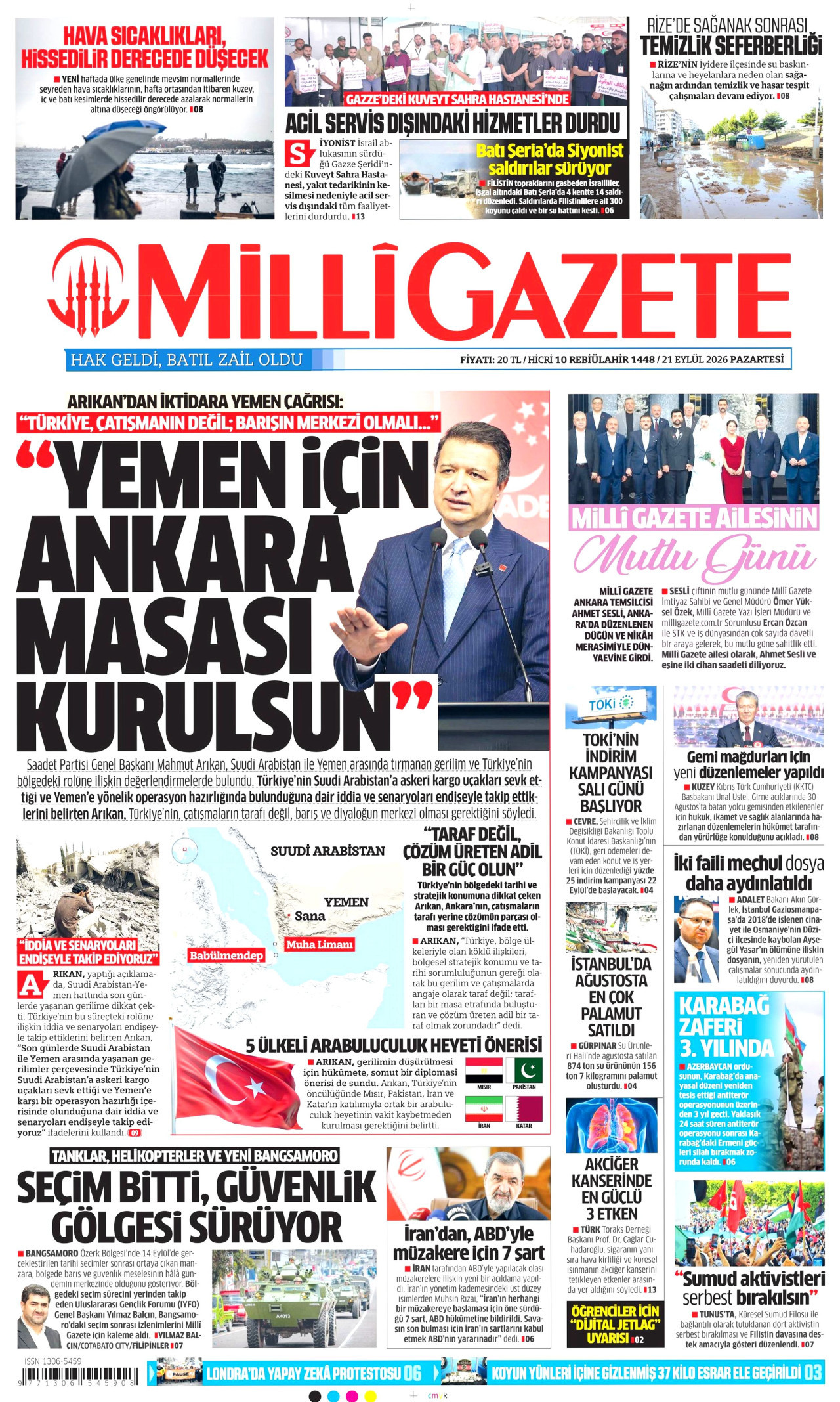 MİLLİ GAZETE gazetesinin 21 Eylül 2026 tarihli birinci sayfası