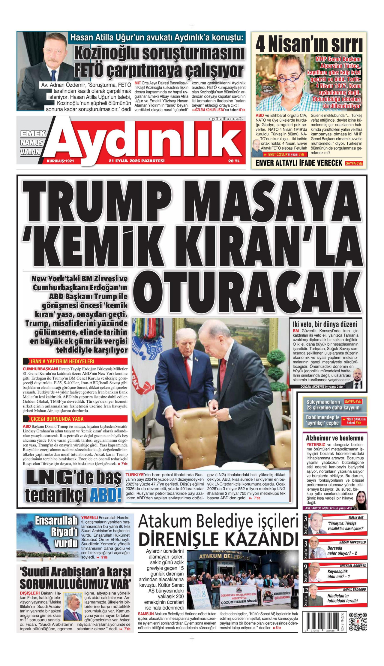 AYDINLIK GAZETESİ gazetesinin 21 Eylül 2026 tarihli birinci sayfası