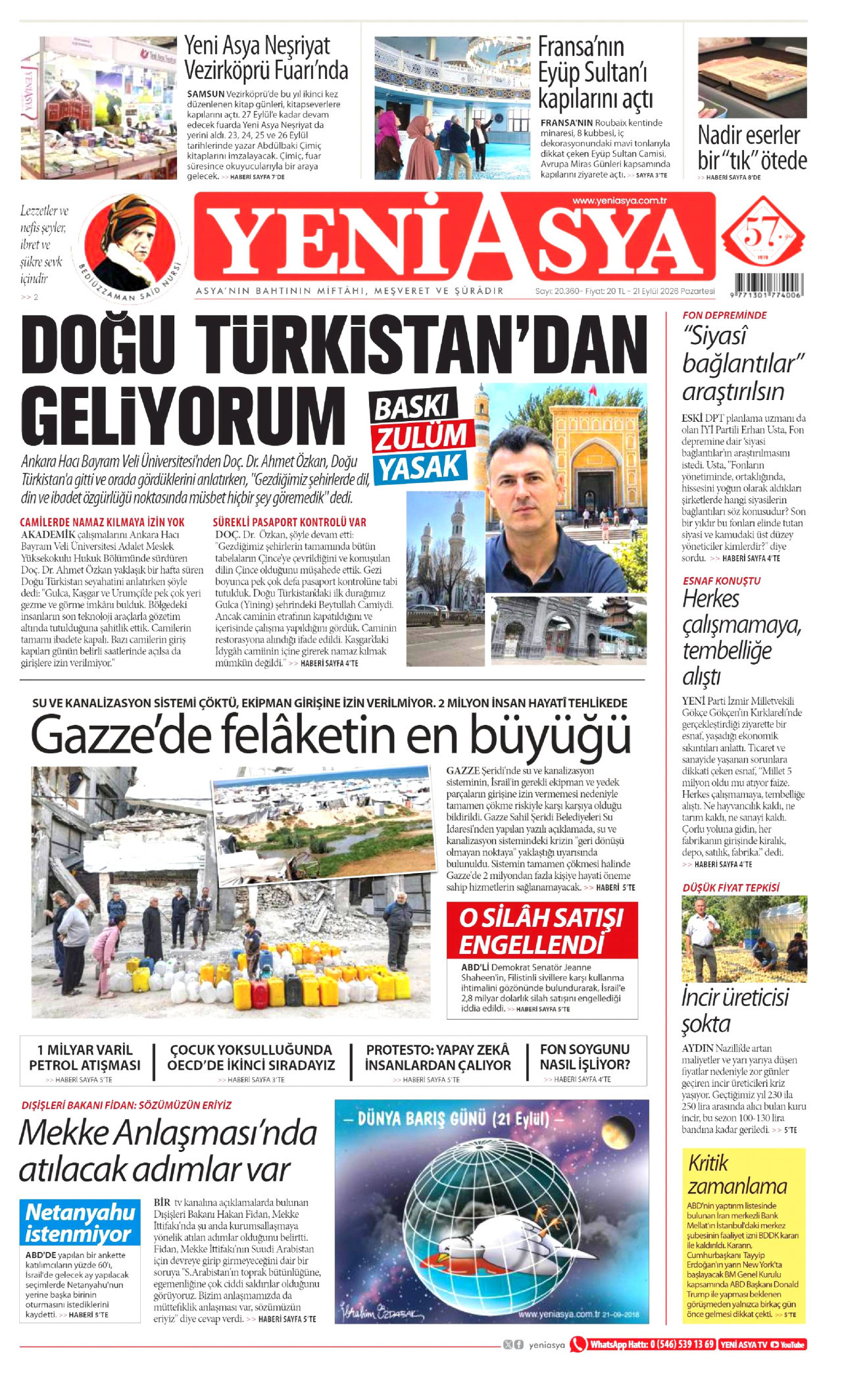 YENİ ASYA gazetesinin 21 Eylül 2026 tarihli birinci sayfası