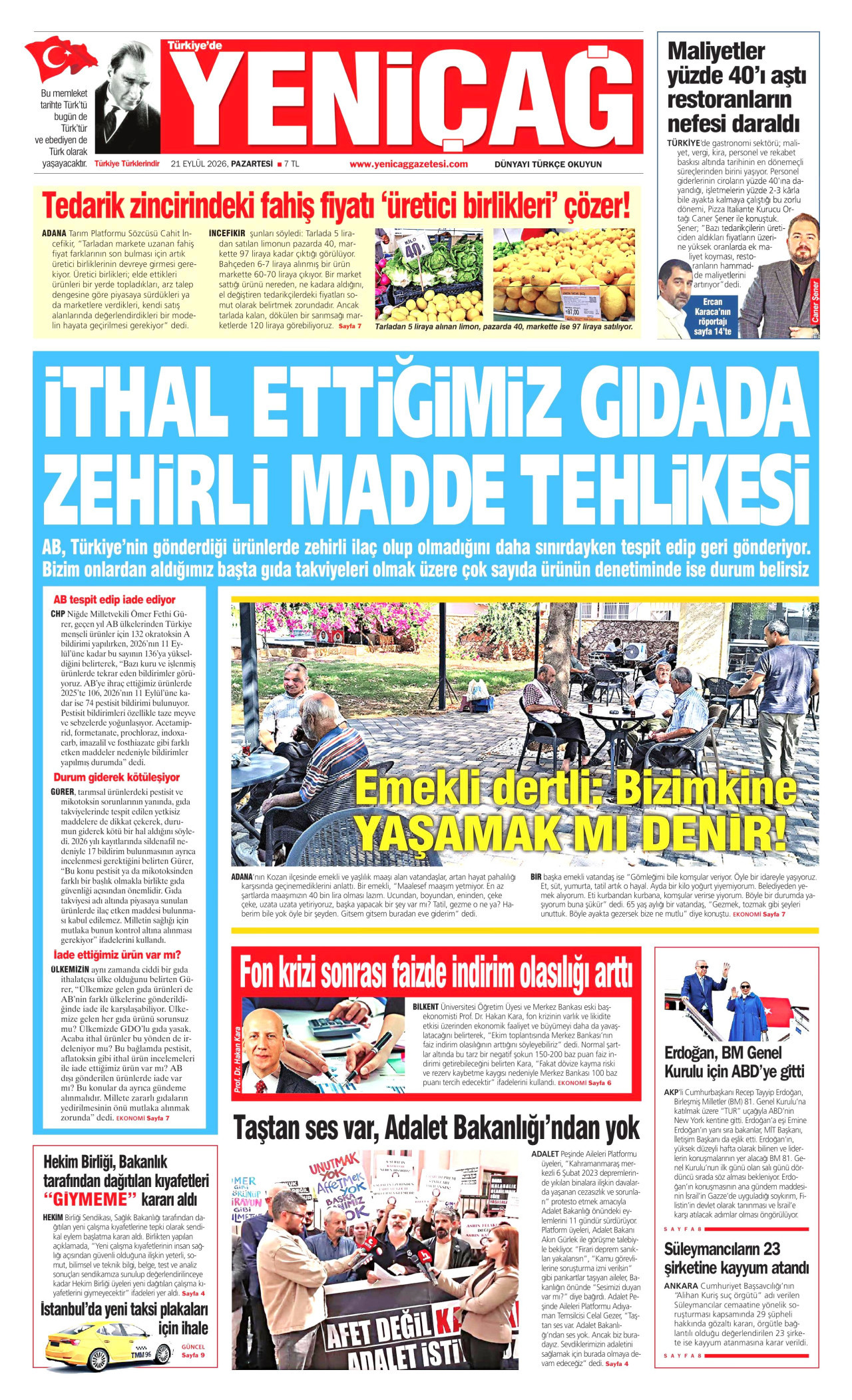 YENİÇAĞ gazetesinin 21 Eylül 2026 tarihli birinci sayfası