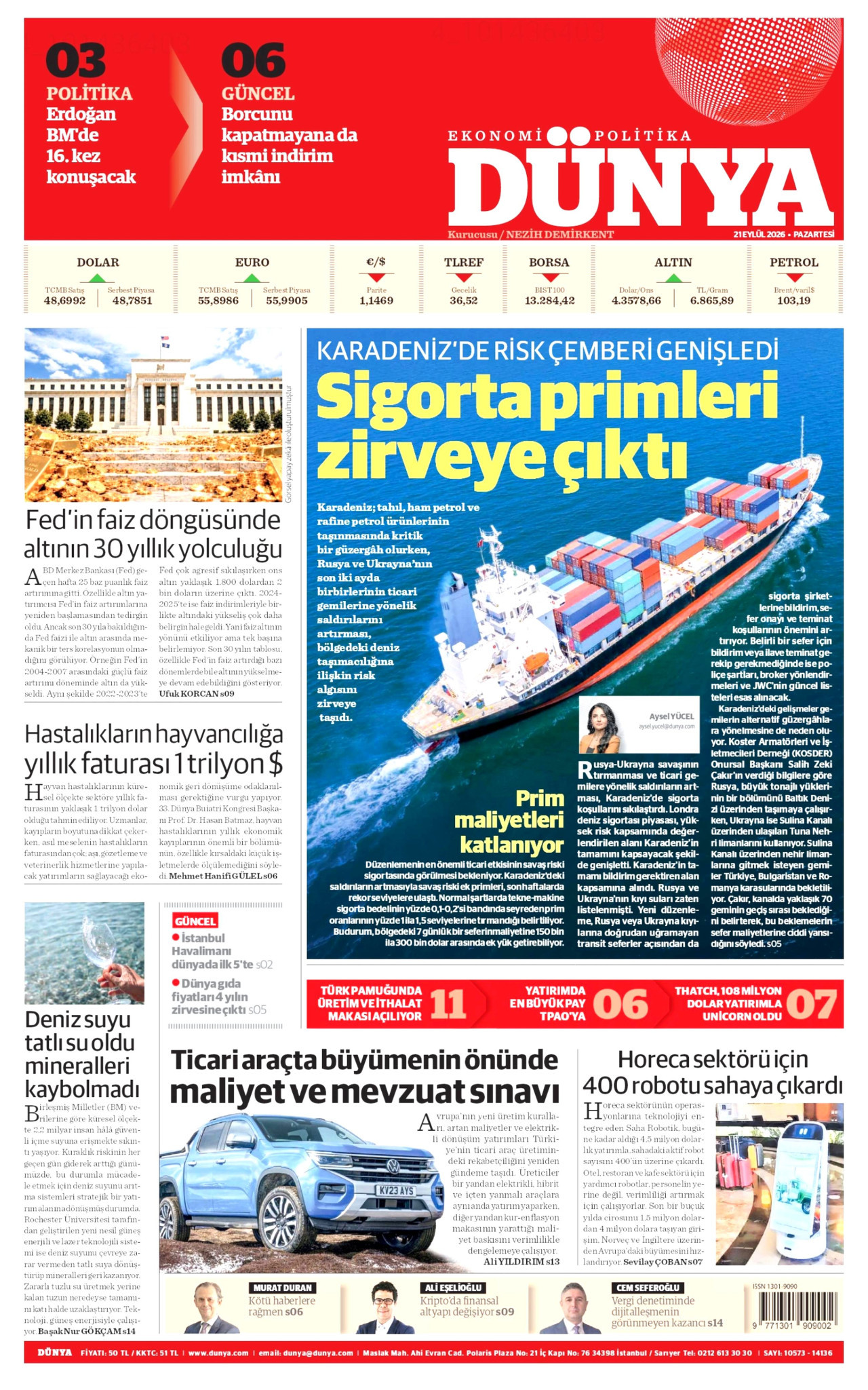 DÜNYA gazetesinin 21 Eylül 2026 tarihli birinci sayfası