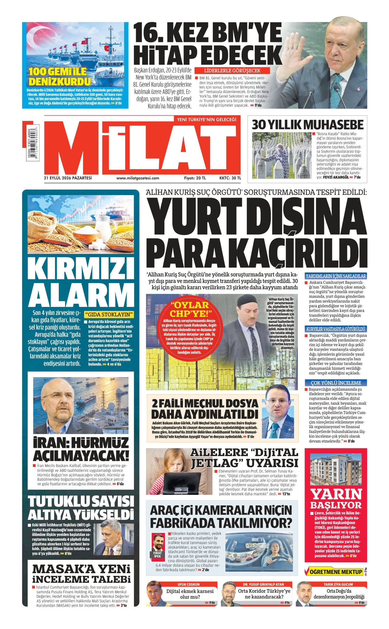 MİLAT gazetesinin 21 Eylül 2026 tarihli birinci sayfası