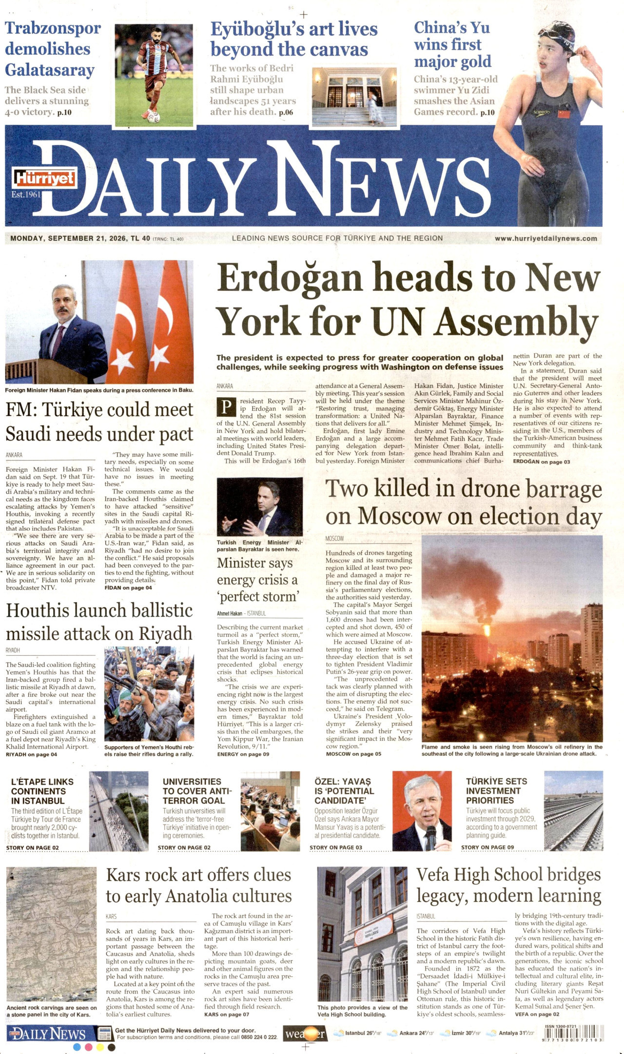 HÜRRİYET DAİLY NEWS gazetesinin 21 Eylül 2026 tarihli birinci sayfası