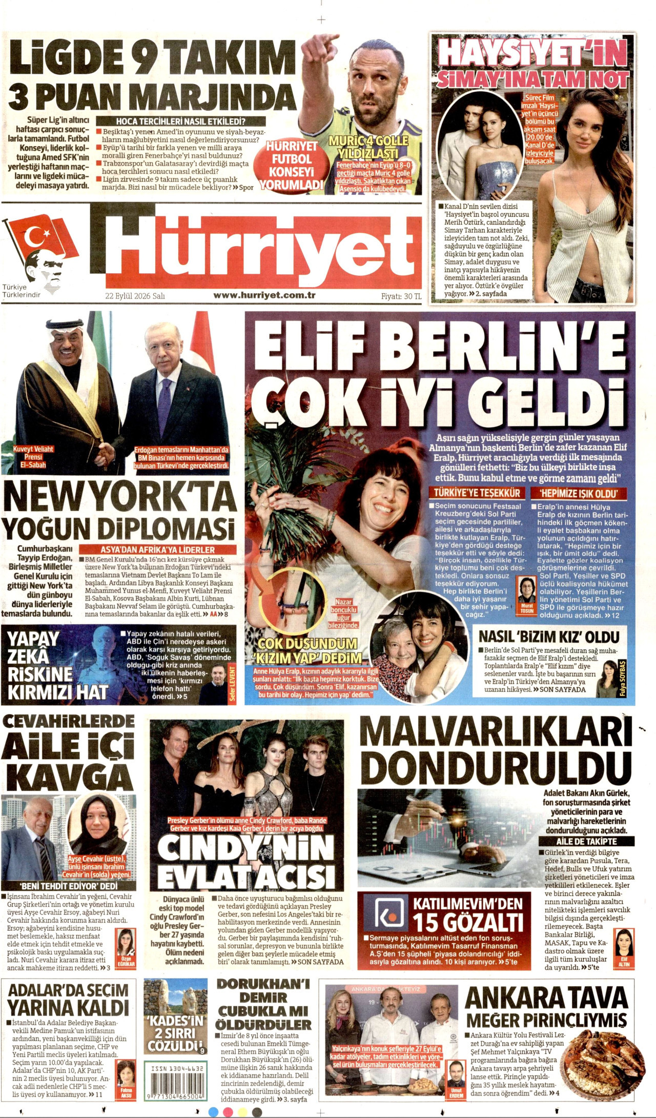 HÜRRİYET gazetesinin 22 Eylül 2026 tarihli birinci sayfası