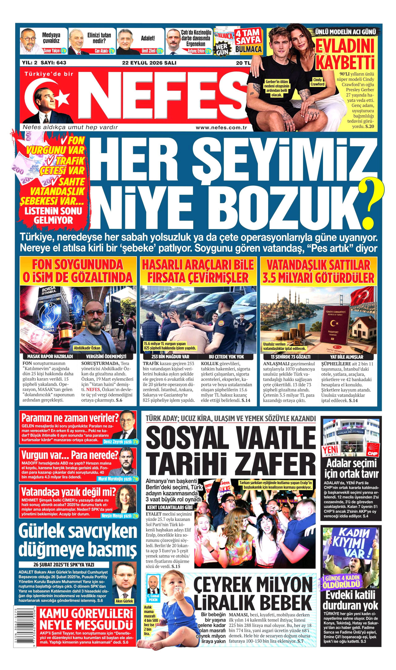 NEFES gazetesinin 22 Eylül 2026 tarihli birinci sayfası