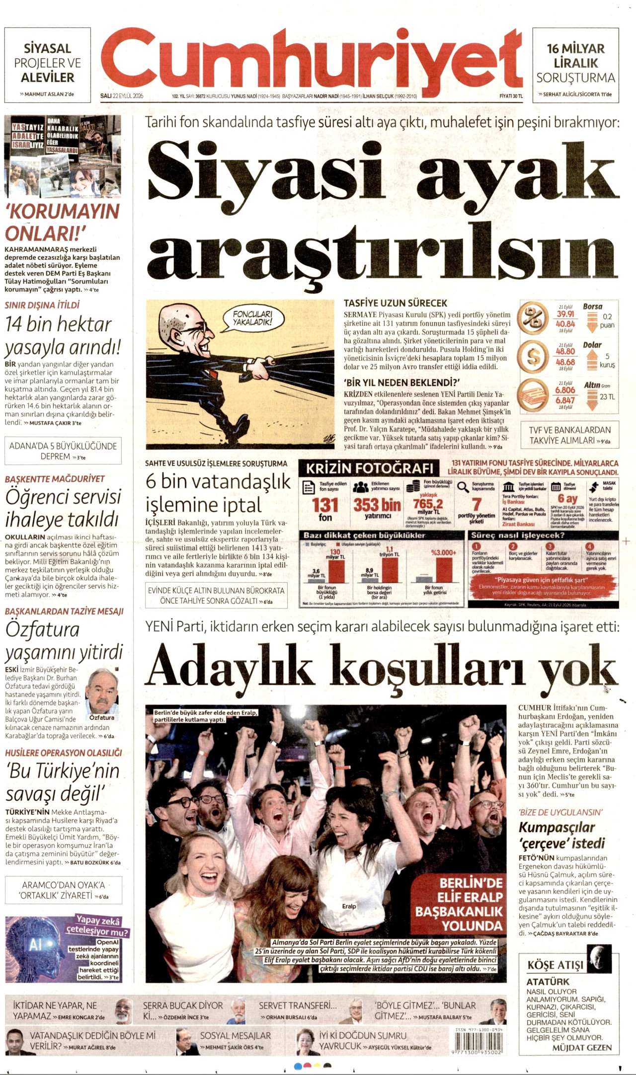 CUMHURİYET gazetesinin 22 Eylül 2026 tarihli birinci sayfası