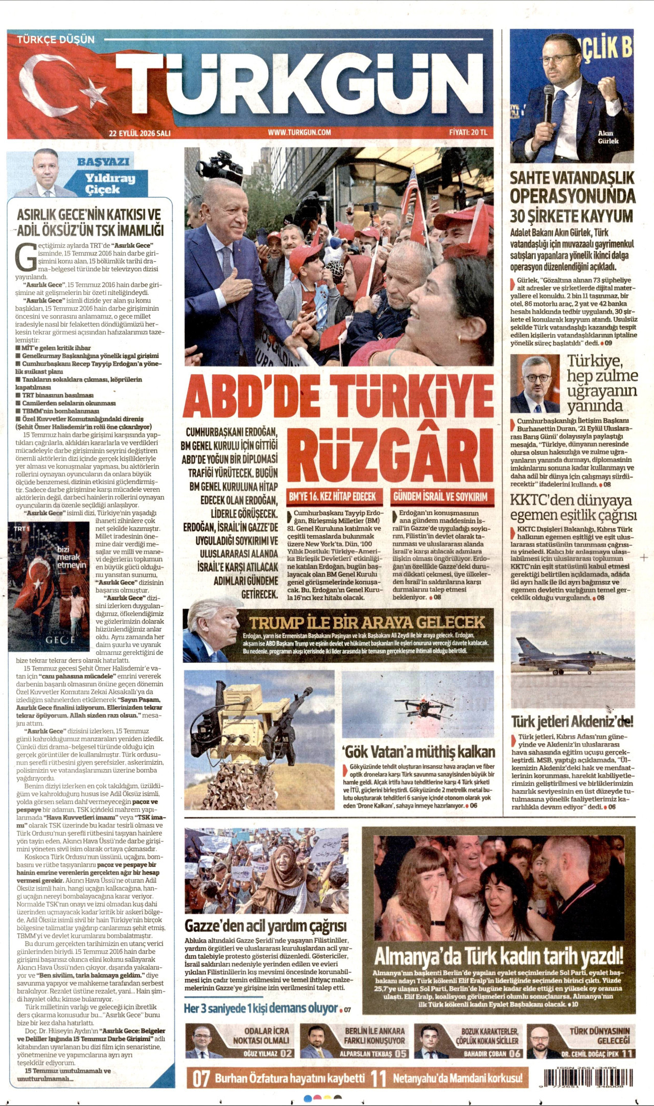 TÜRKGÜN gazetesinin 22 Eylül 2026 tarihli birinci sayfası