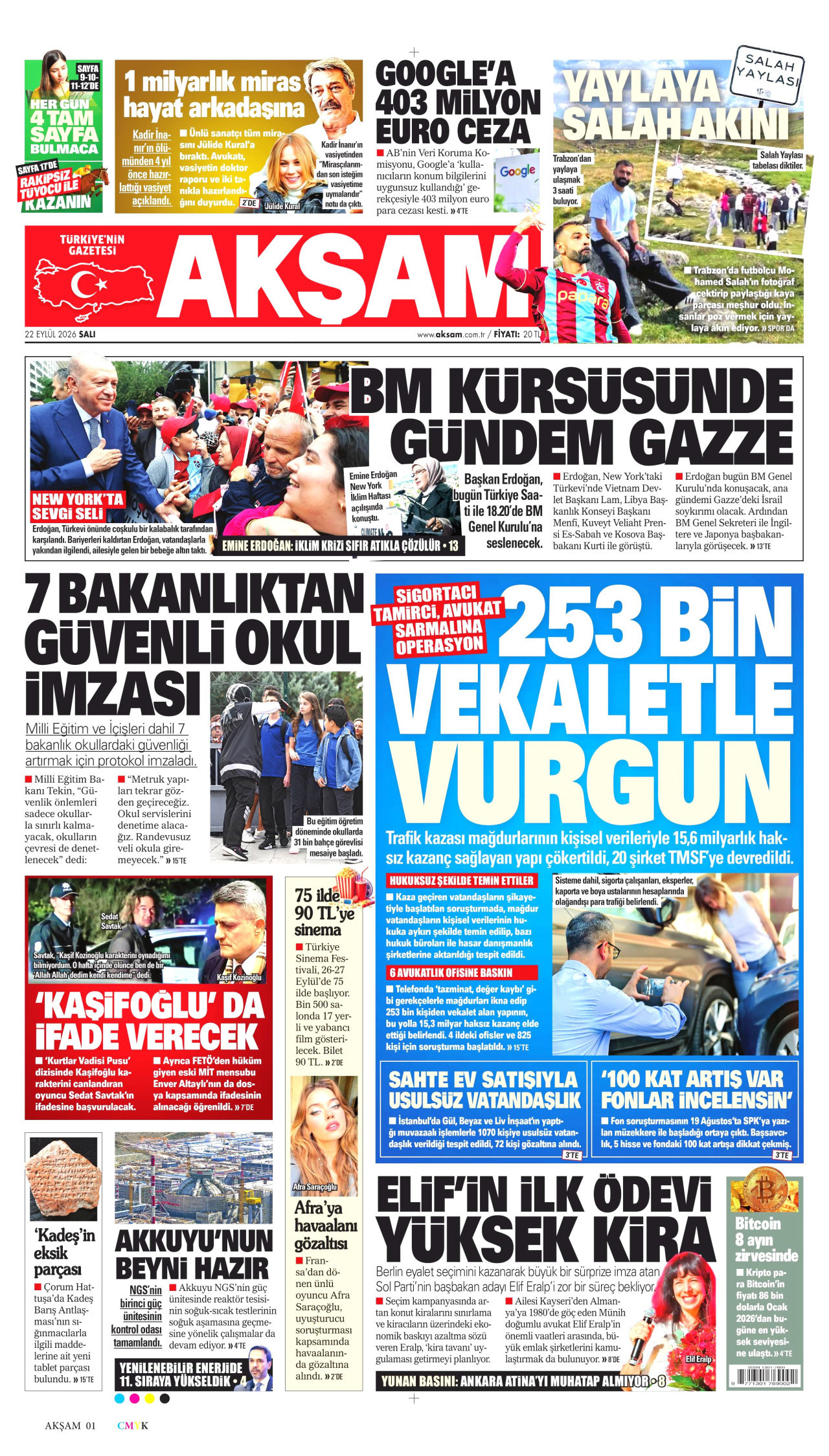 AKŞAM gazetesinin 22 Eylül 2026 tarihli birinci sayfası