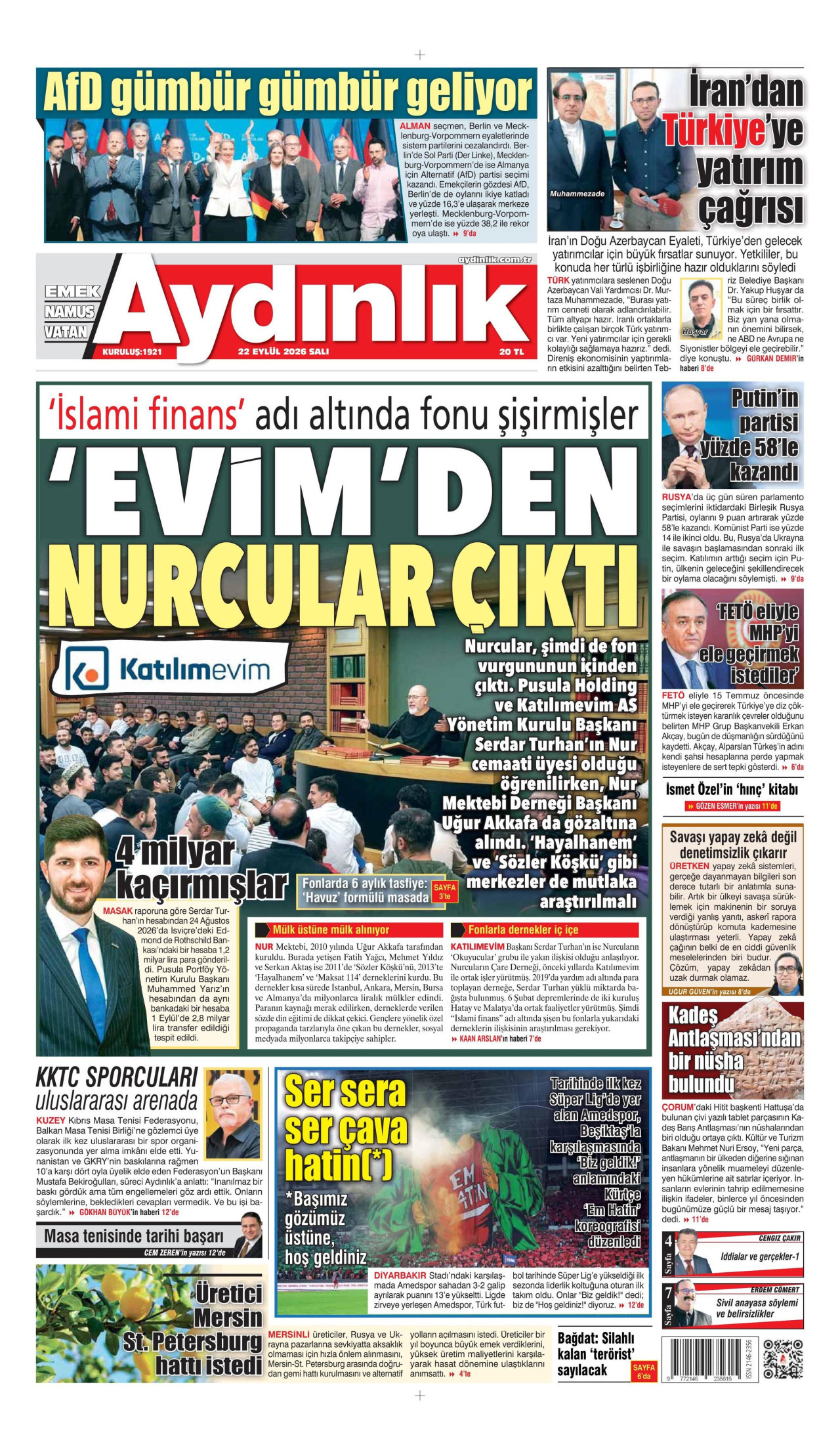 AYDINLIK GAZETESİ gazetesinin 22 Eylül 2026 tarihli birinci sayfası