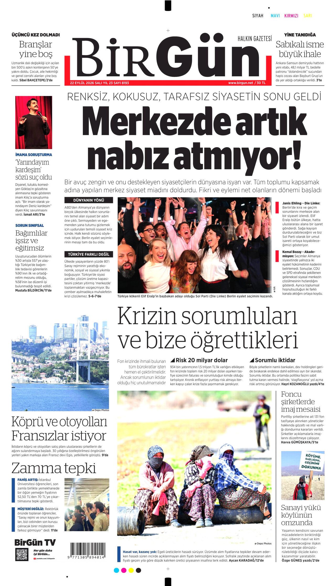 BİRGÜN gazetesinin 22 Eylül 2026 tarihli birinci sayfası
