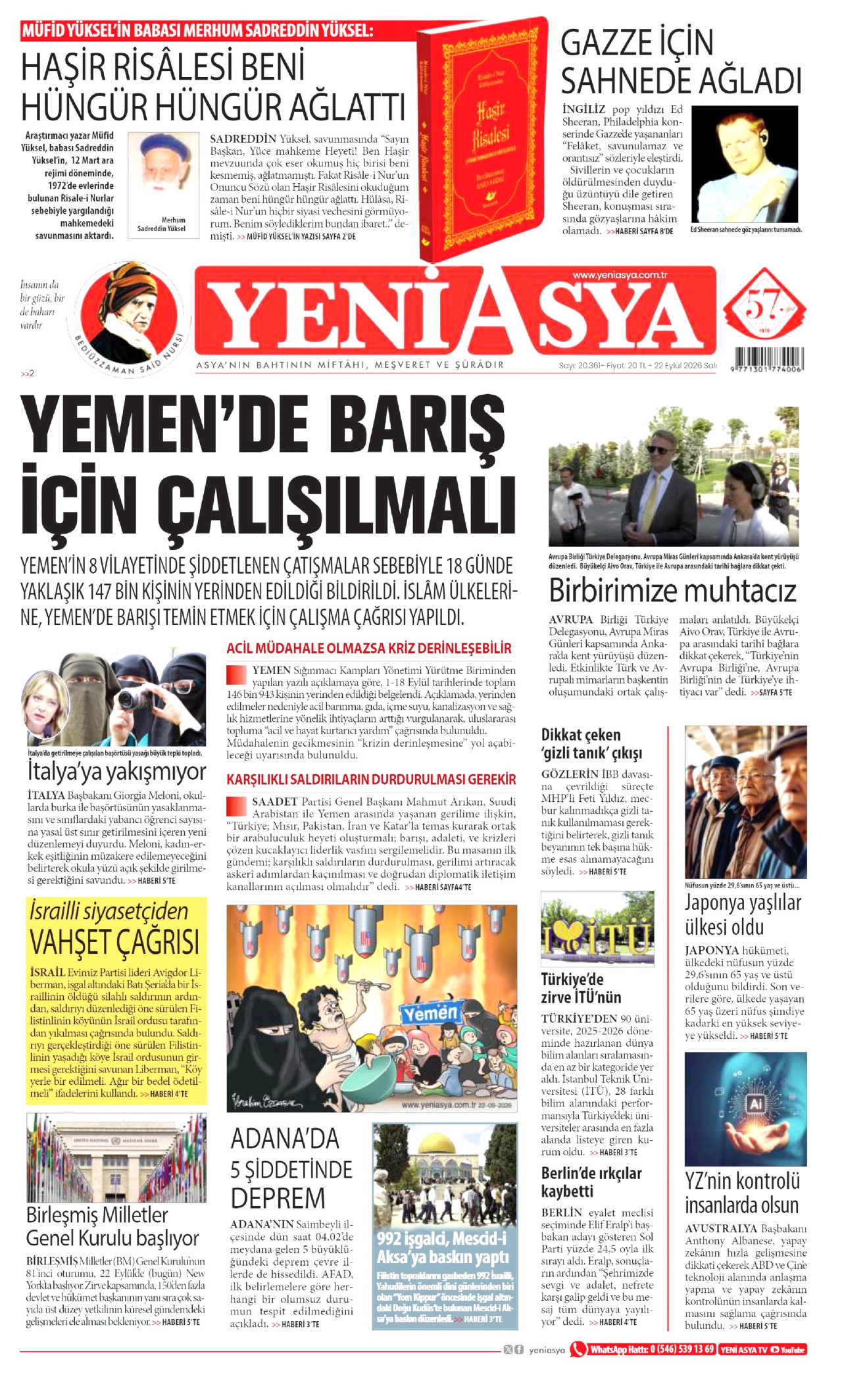 YENİ ASYA gazetesinin 22 Eylül 2026 tarihli birinci sayfası