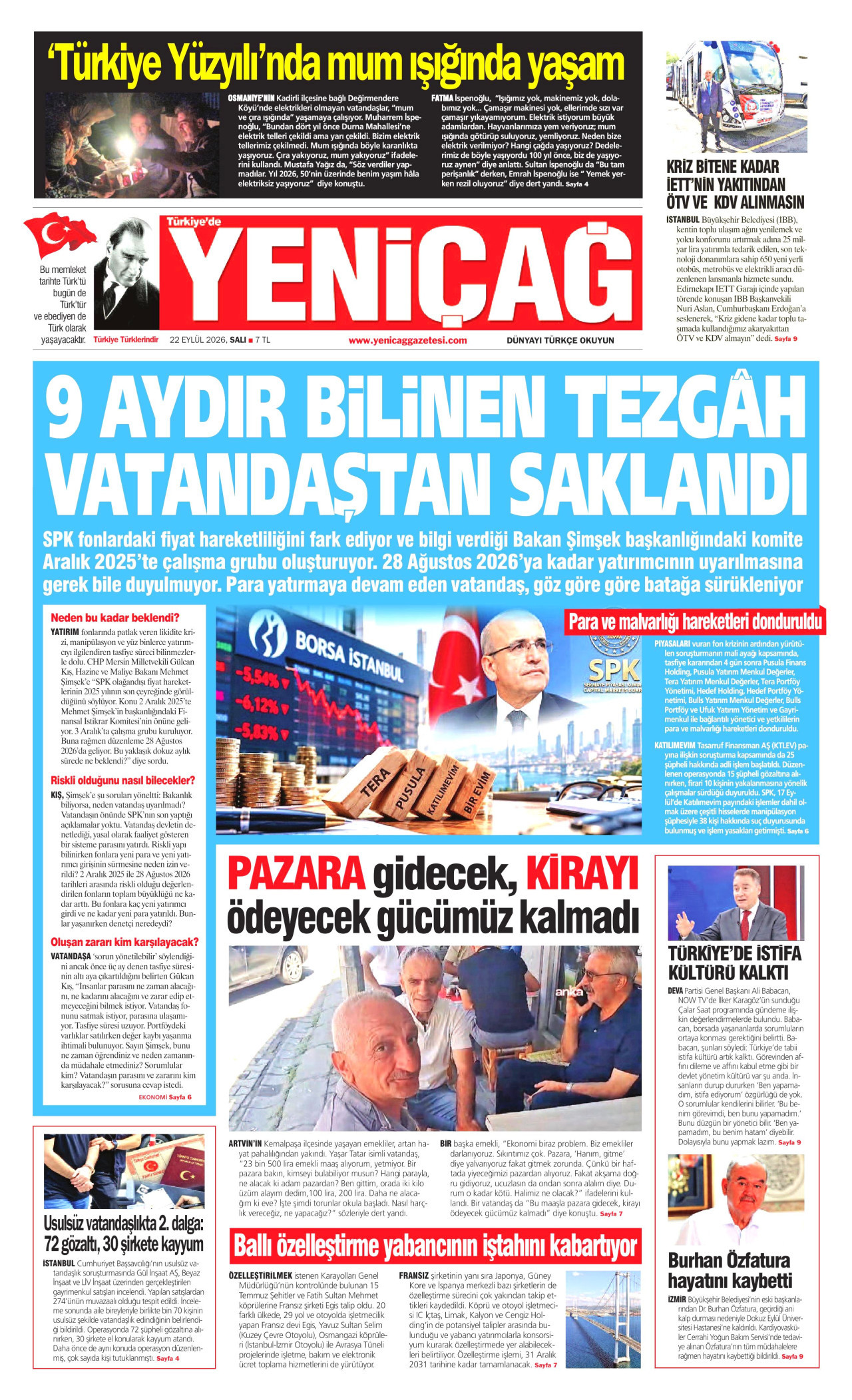 YENİÇAĞ gazetesinin 22 Eylül 2026 tarihli birinci sayfası