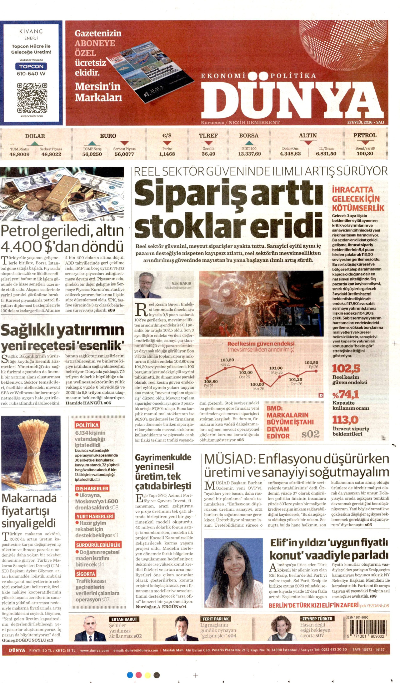 DÜNYA gazetesinin 22 Eylül 2026 tarihli birinci sayfası