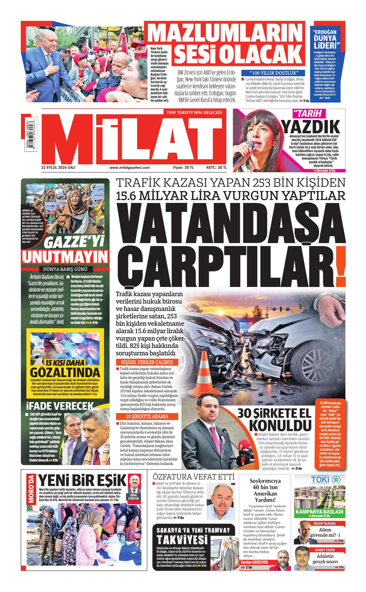 MİLAT gazetesinin 22 Eylül 2026 tarihli birinci sayfası