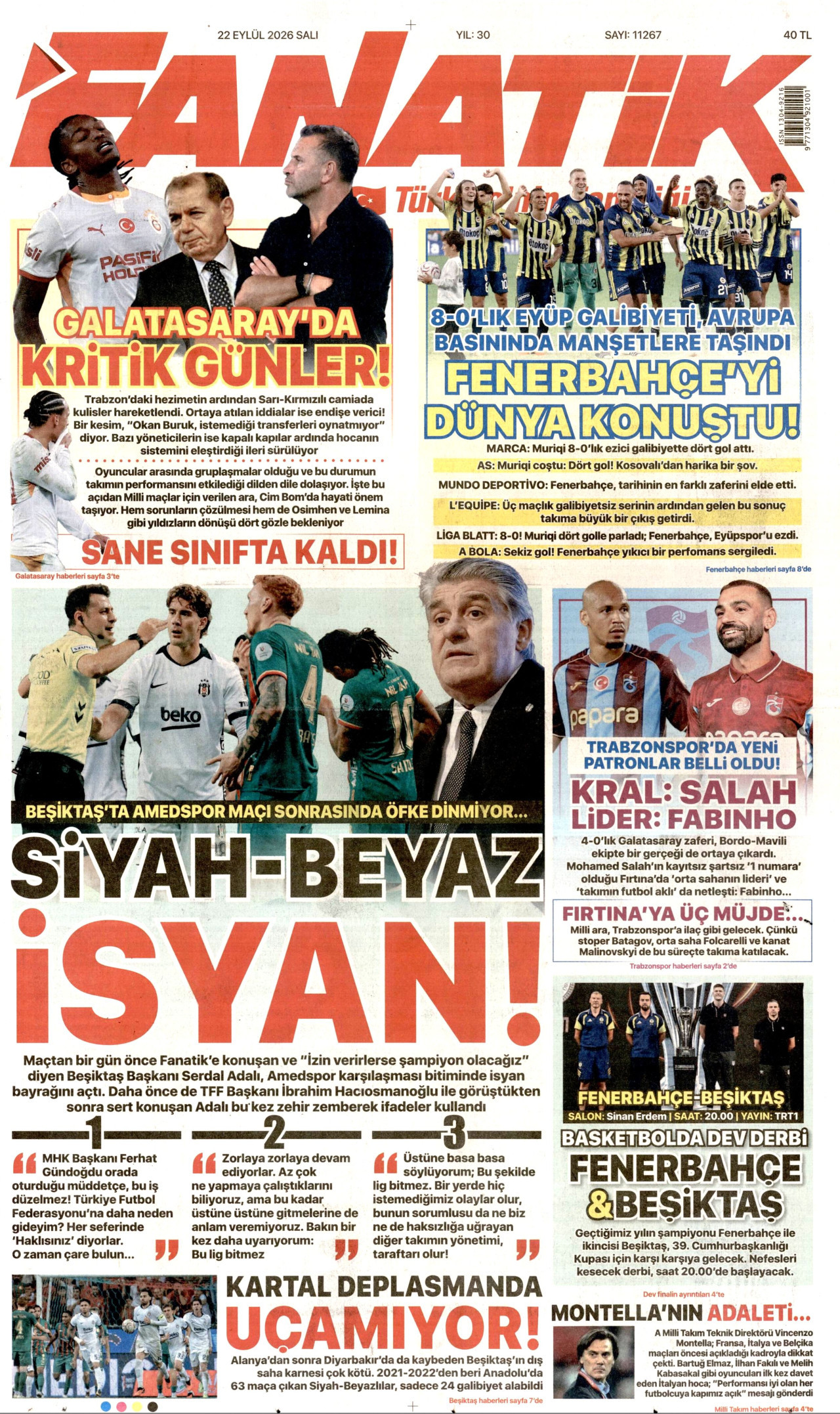 FANATİK gazetesinin 22 Eylül 2026 tarihli birinci sayfası