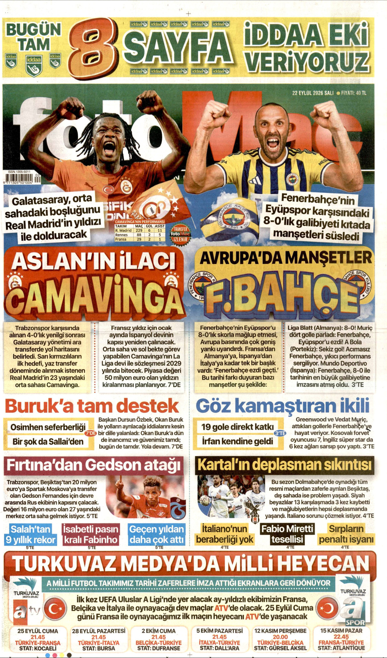 FOTOMAÇ gazetesinin 22 Eylül 2026 tarihli birinci sayfası