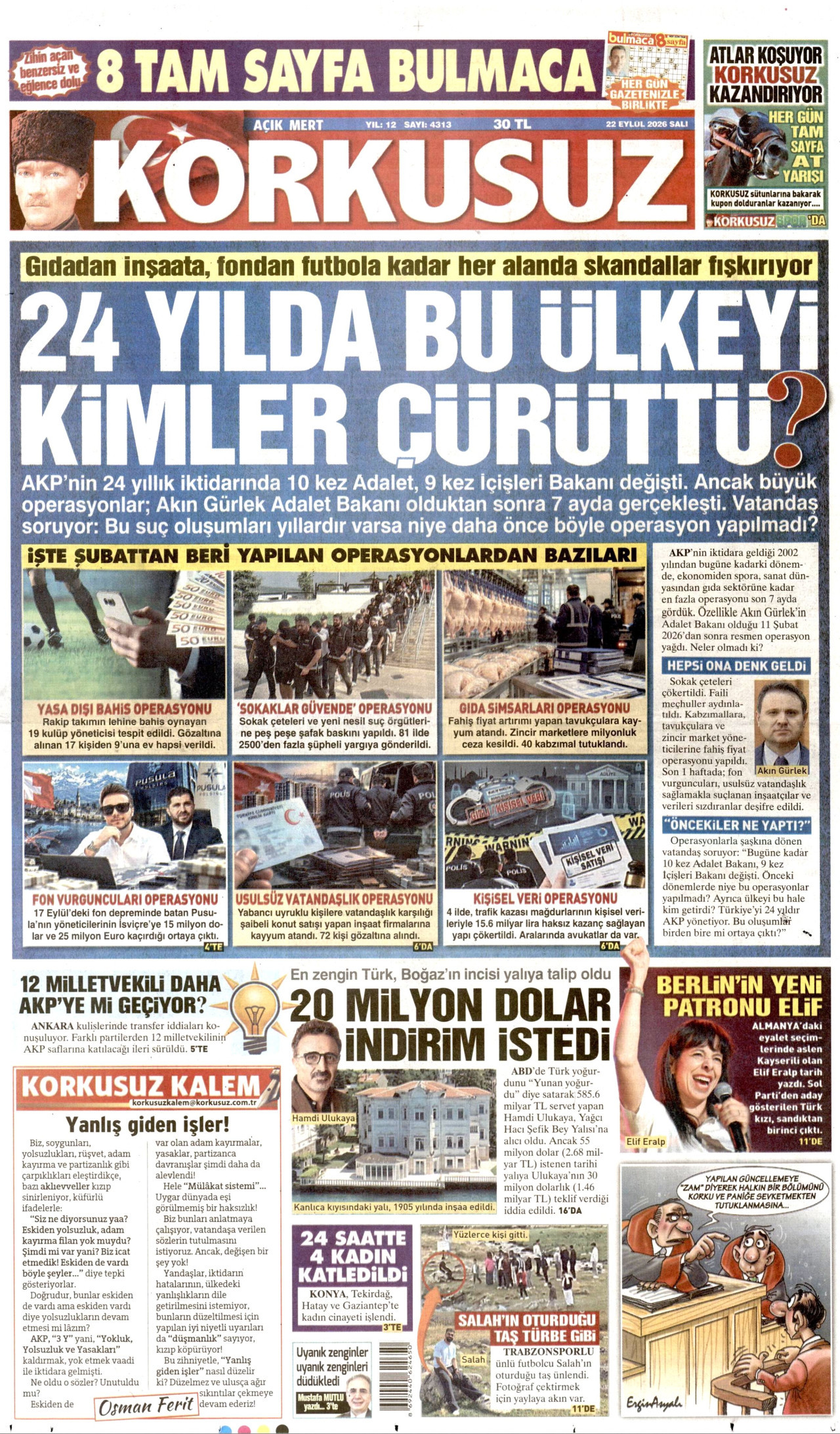KORKUSUZ gazetesinin 22 Eylül 2026 tarihli birinci sayfası