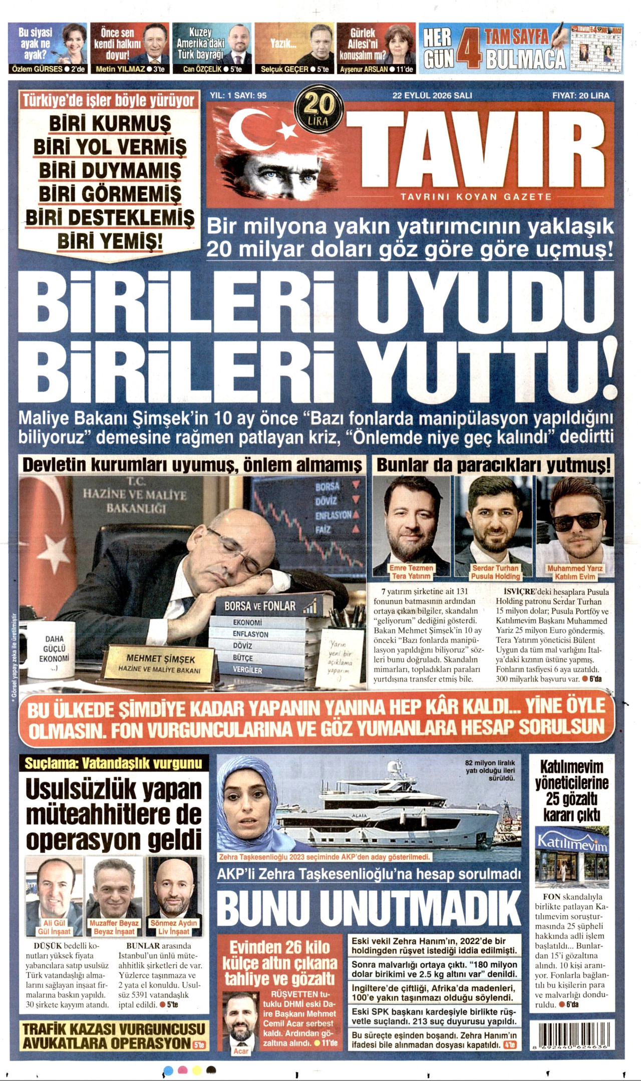 TAVIR GAZETESİ gazetesinin 22 Eylül 2026 tarihli birinci sayfası