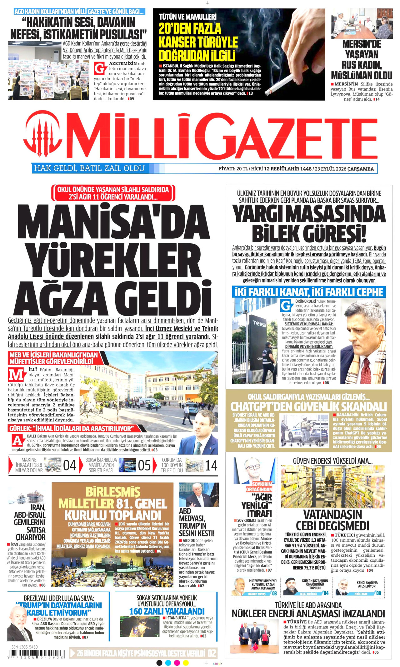MİLLİ GAZETE gazetesinin 23 Eylül 2026 tarihli birinci sayfası