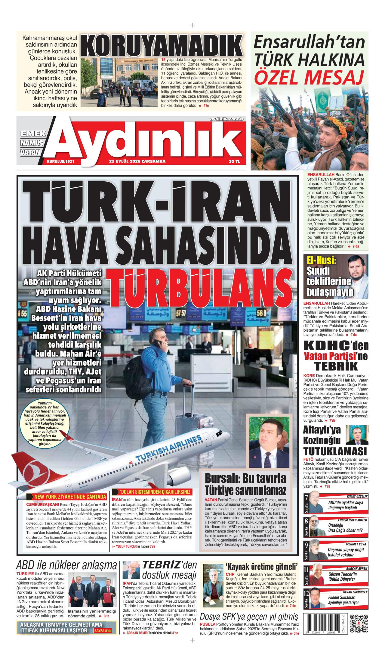 AYDINLIK GAZETESİ gazetesinin 23 Eylül 2026 tarihli birinci sayfası
