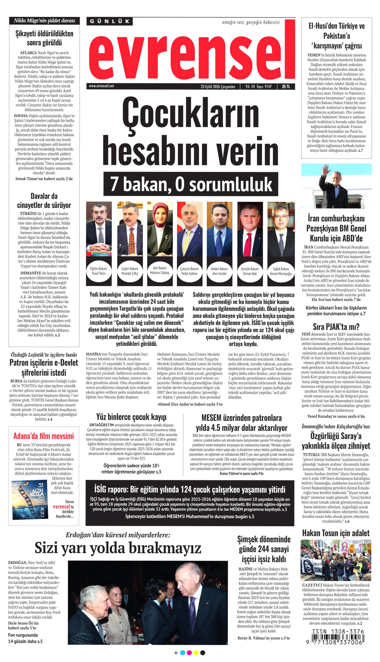 EVRENSEL gazetesinin 23 Eylül 2026 tarihli birinci sayfası