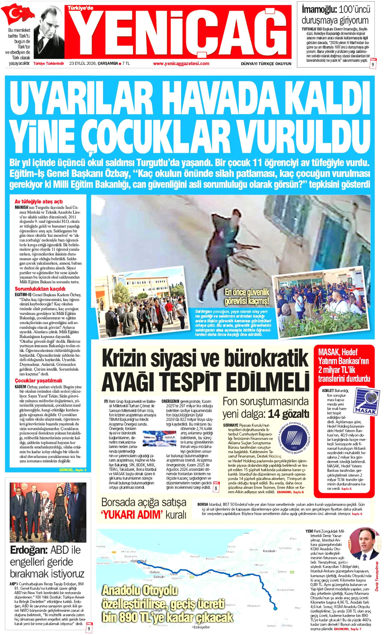 YENİÇAĞ gazetesinin 23 Eylül 2026 tarihli birinci sayfası
