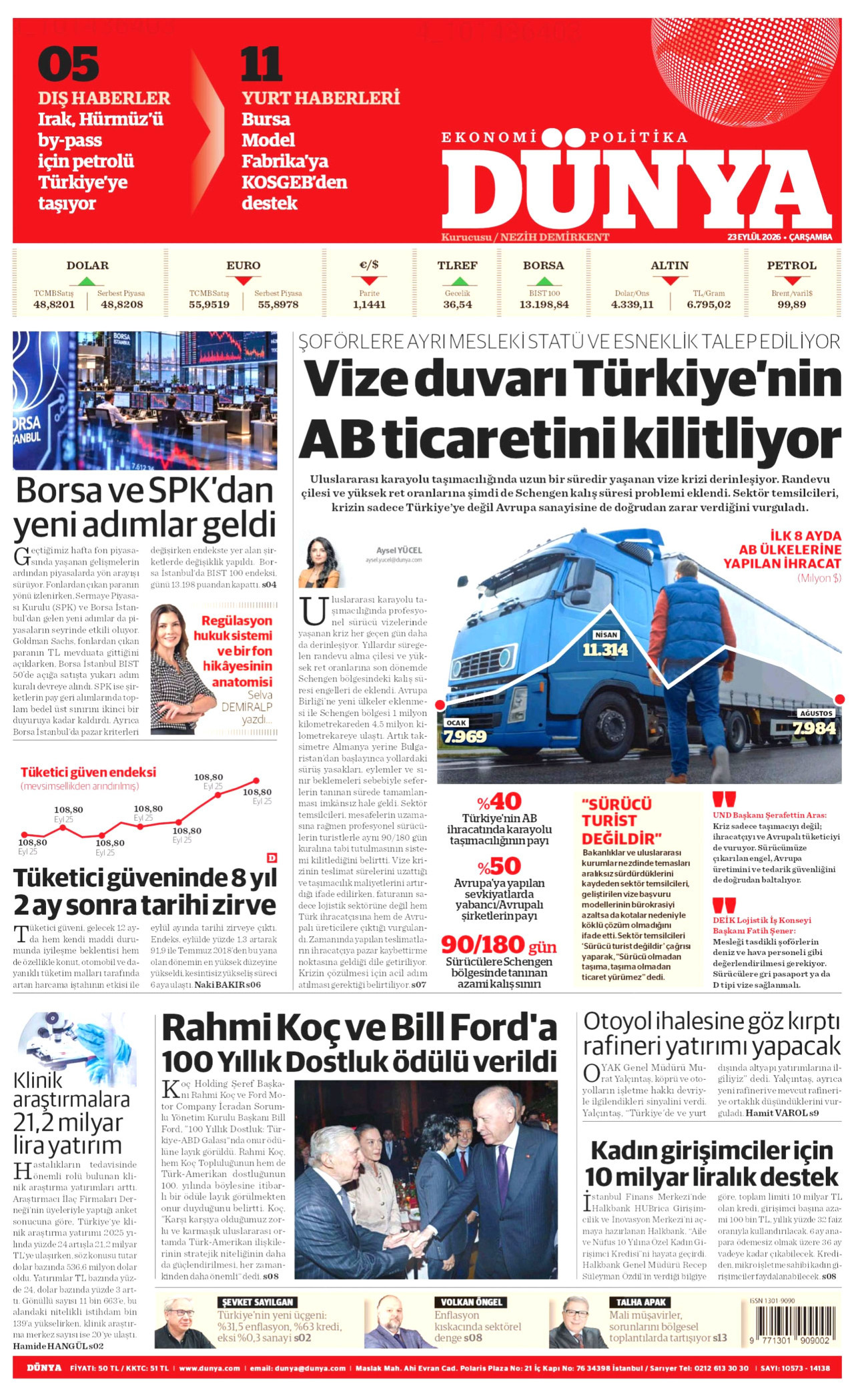 DÜNYA gazetesinin 23 Eylül 2026 tarihli birinci sayfası
