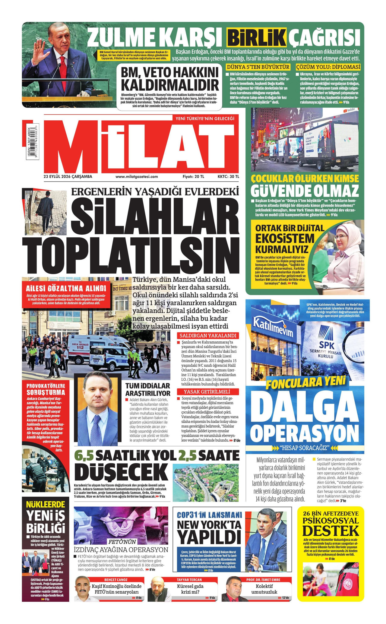 MİLAT gazetesinin 23 Eylül 2026 tarihli birinci sayfası