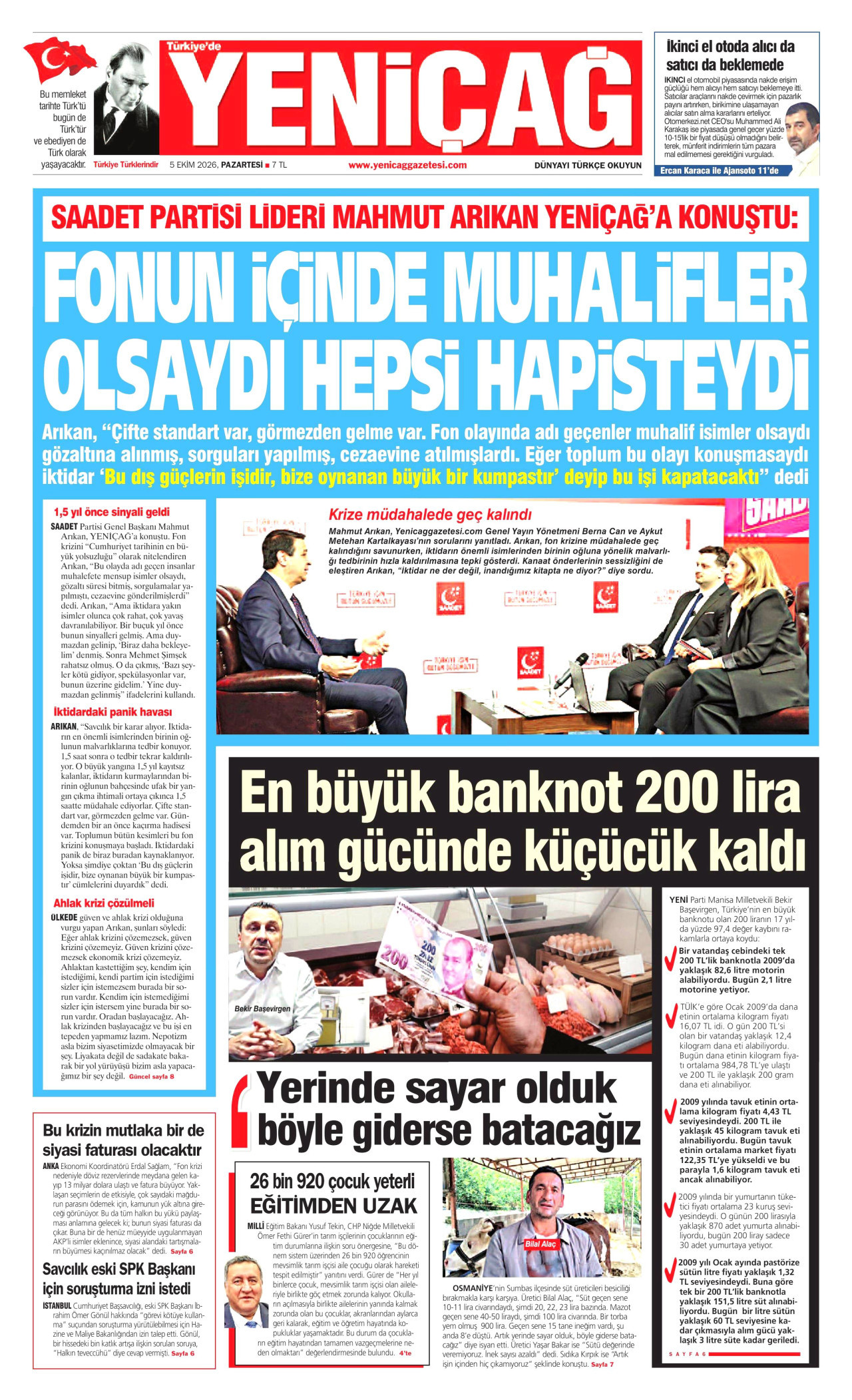YENİÇAĞ gazetesinin 5 Ekim 2026 tarihli birinci sayfası