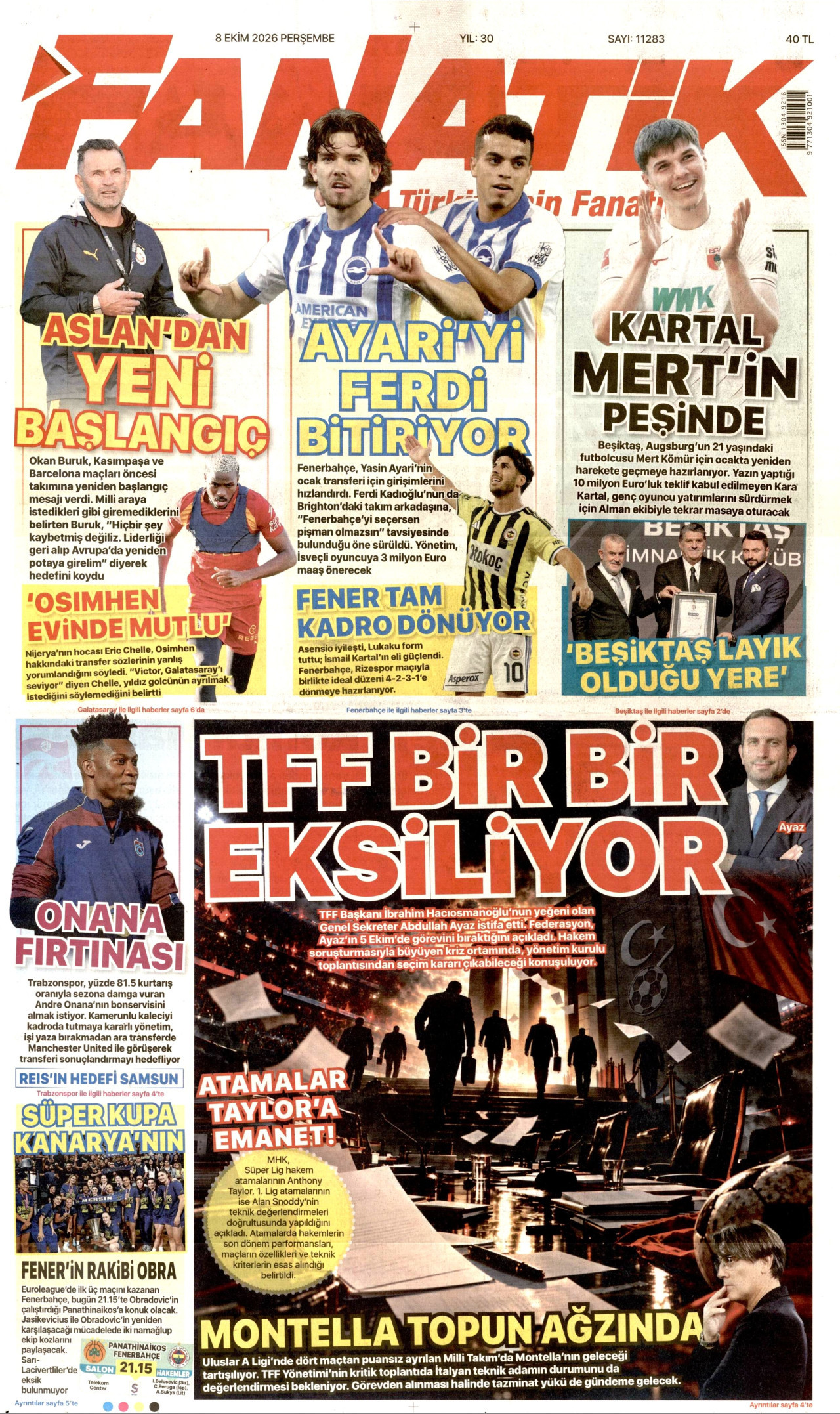 FANATİK gazetesinin 8 Ekim 2026 tarihli birinci sayfası