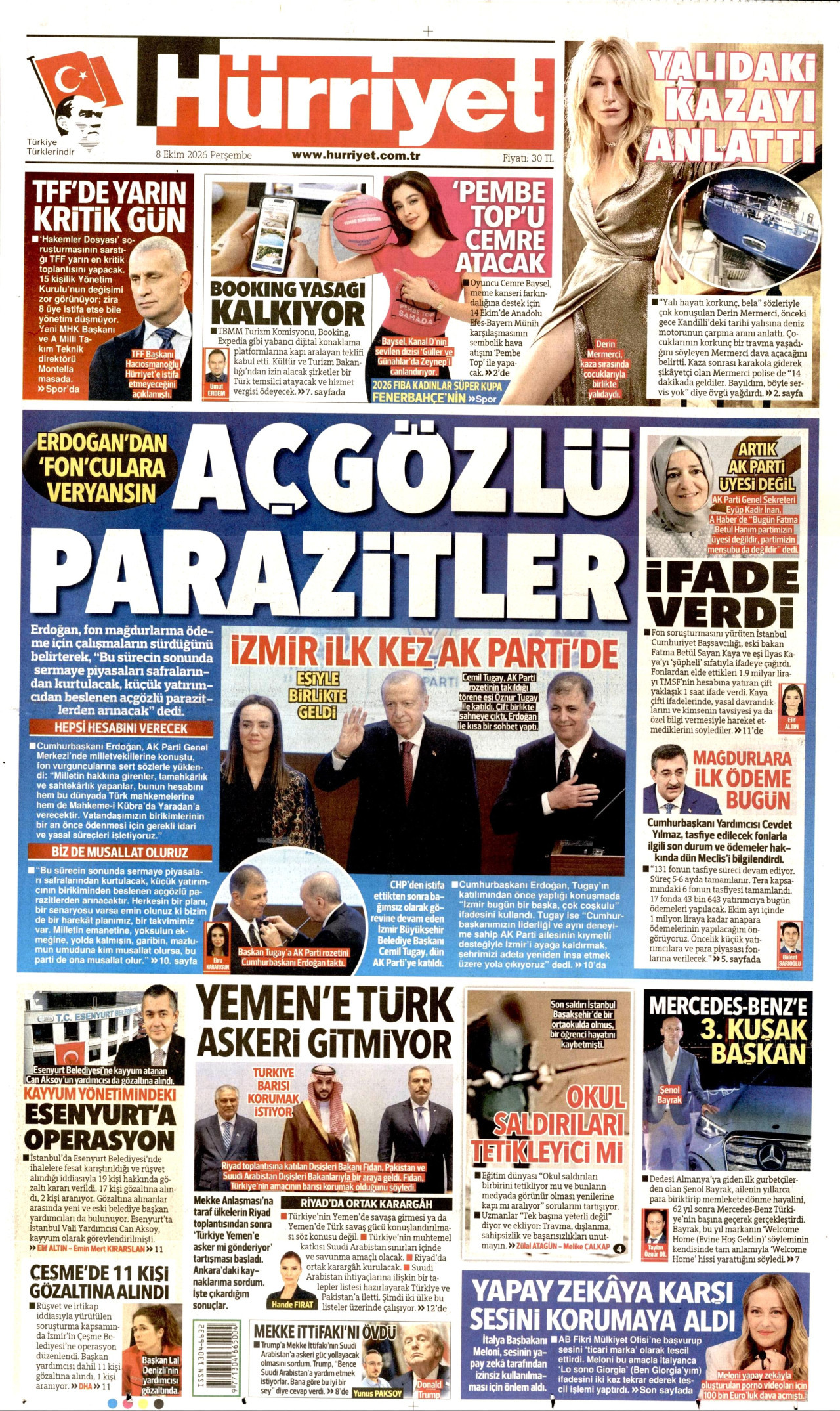 HÜRRİYET gazetesinin 8 Ekim 2026 tarihli birinci sayfası