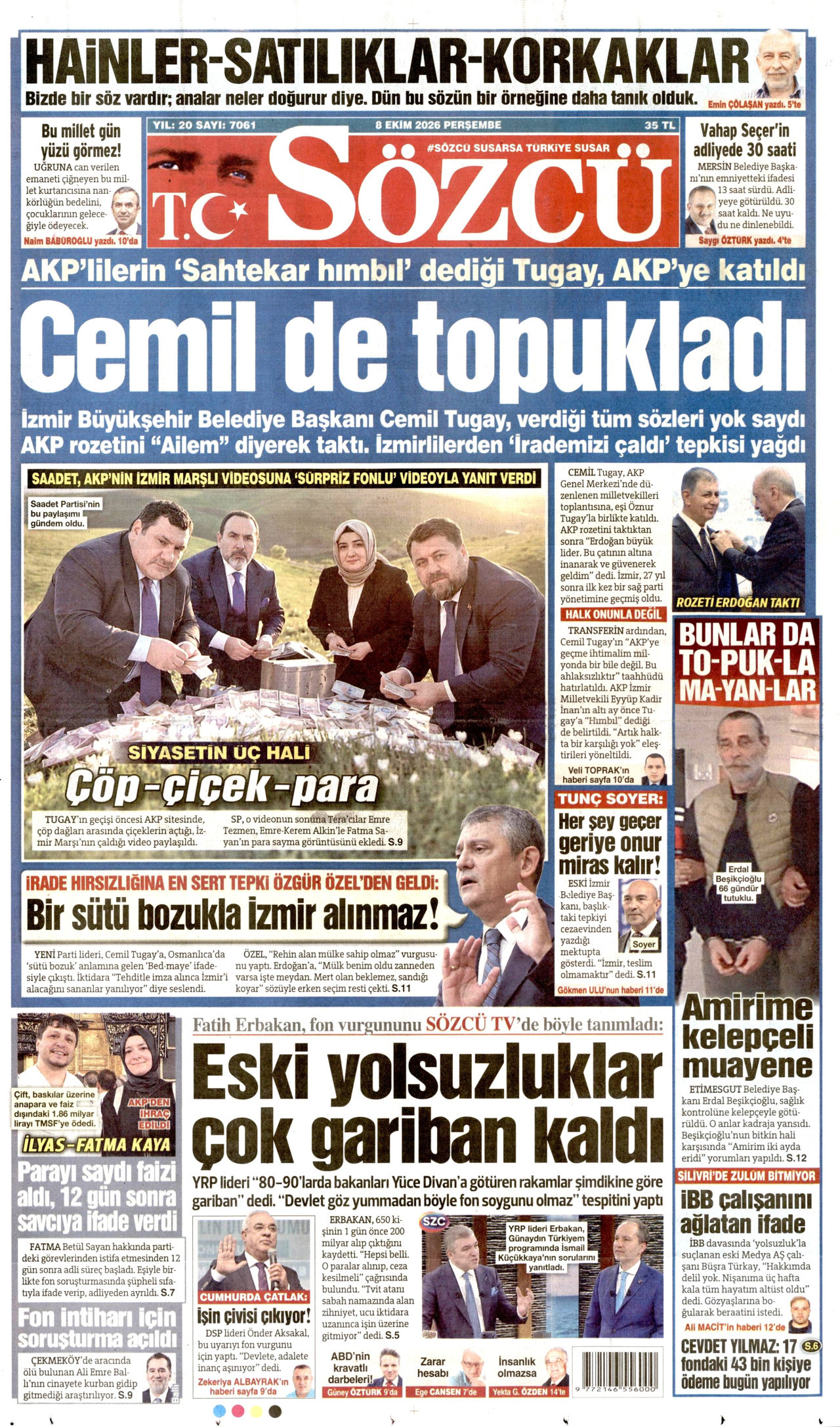SÖZCÜ gazetesinin 8 Ekim 2026 tarihli birinci sayfası