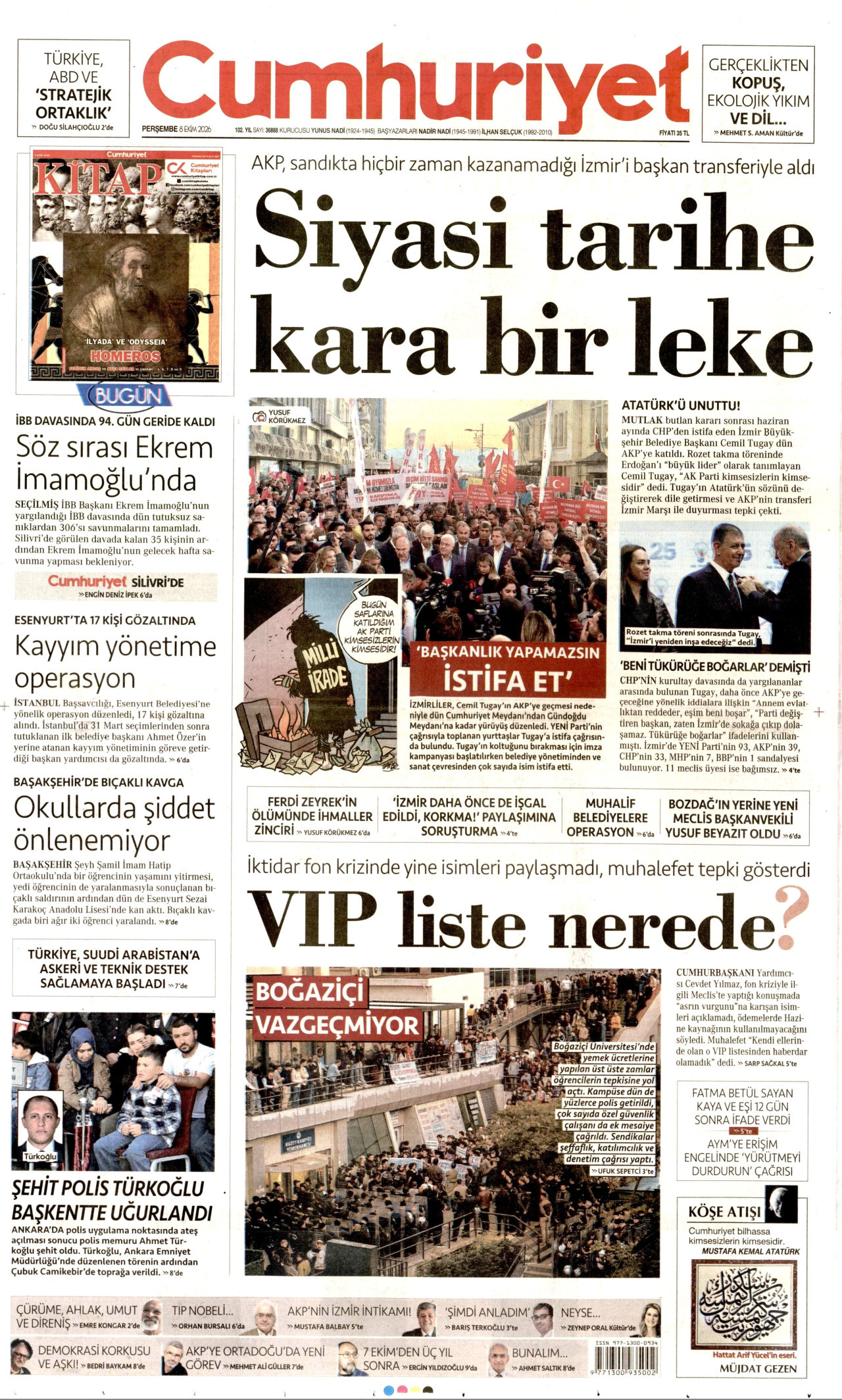 CUMHURİYET gazetesinin 8 Ekim 2026 tarihli birinci sayfası