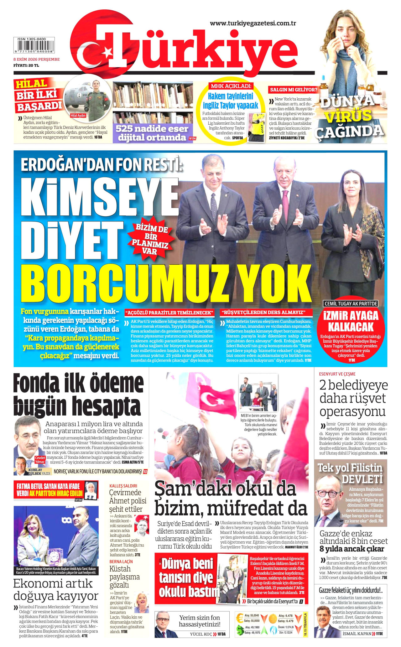 TÜRKİYE GAZETESİ gazetesinin 8 Ekim 2026 tarihli birinci sayfası