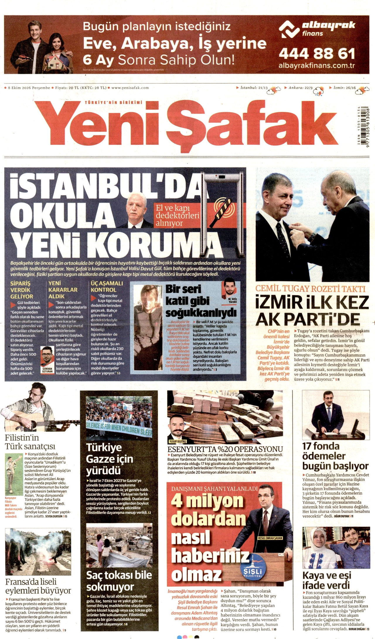 YENİ ŞAFAK gazetesinin 8 Ekim 2026 tarihli birinci sayfası