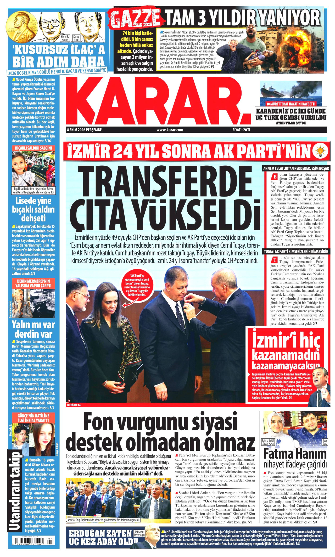 KARAR gazetesinin 8 Ekim 2026 tarihli birinci sayfası