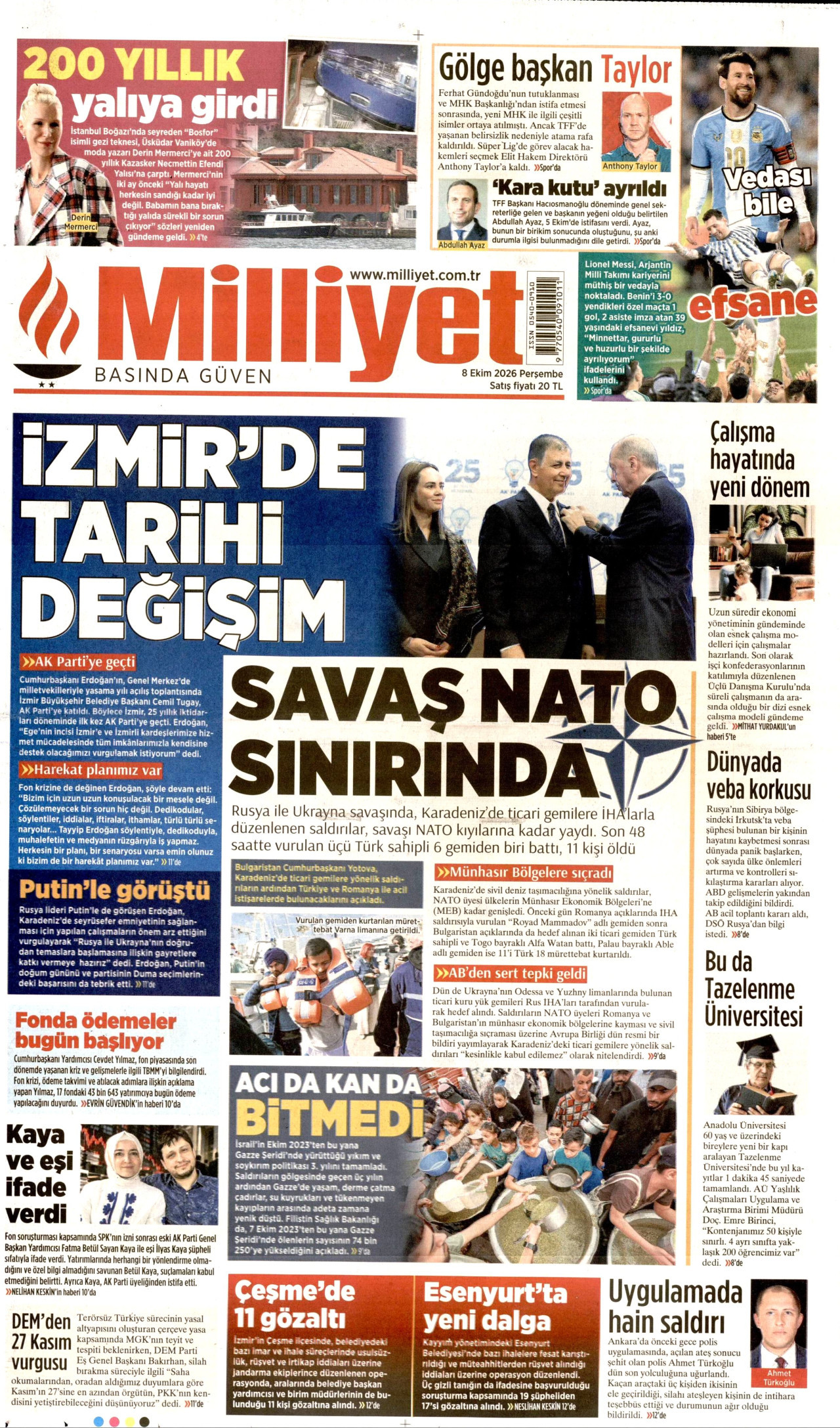 MİLLİYET gazetesinin 8 Ekim 2026 tarihli birinci sayfası