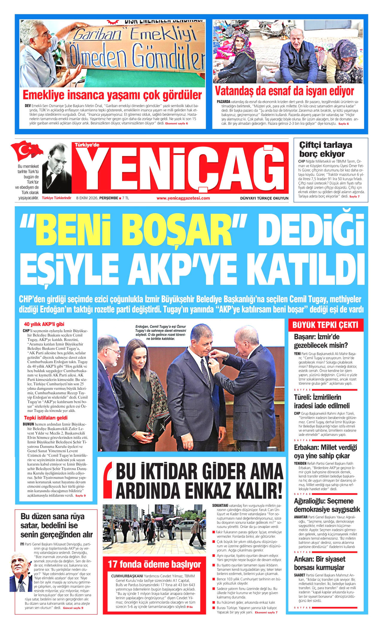 YENİÇAĞ gazetesinin 8 Ekim 2026 tarihli birinci sayfası