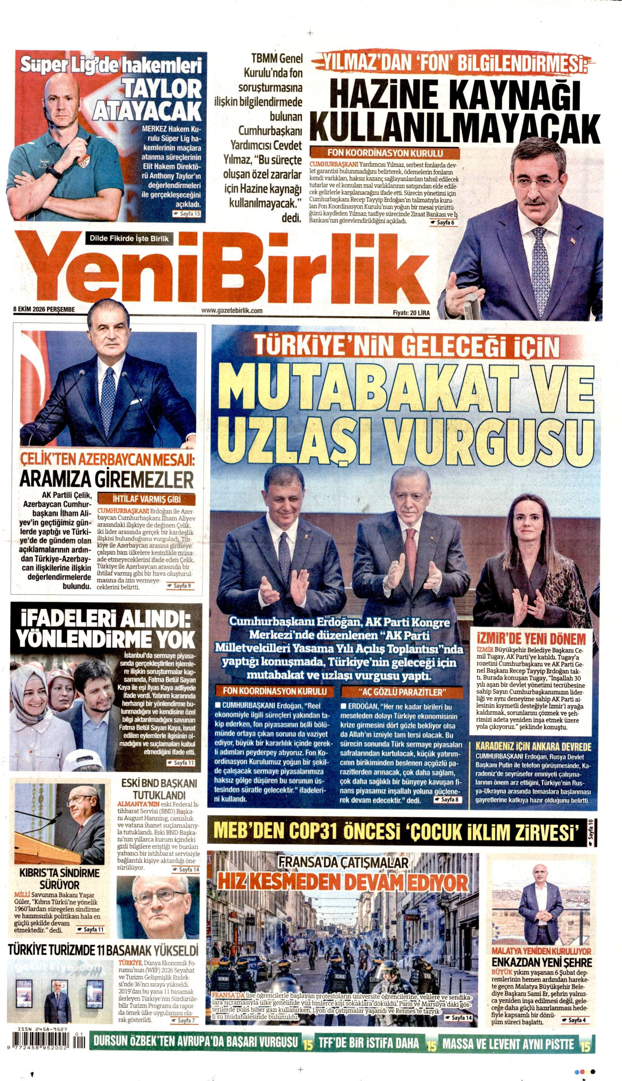 YENİBİRLİK gazetesinin 8 Ekim 2026 tarihli birinci sayfası