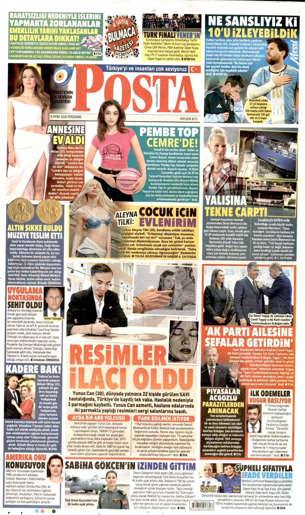 POSTA gazetesinin 8 Ekim 2026 tarihli birinci sayfası